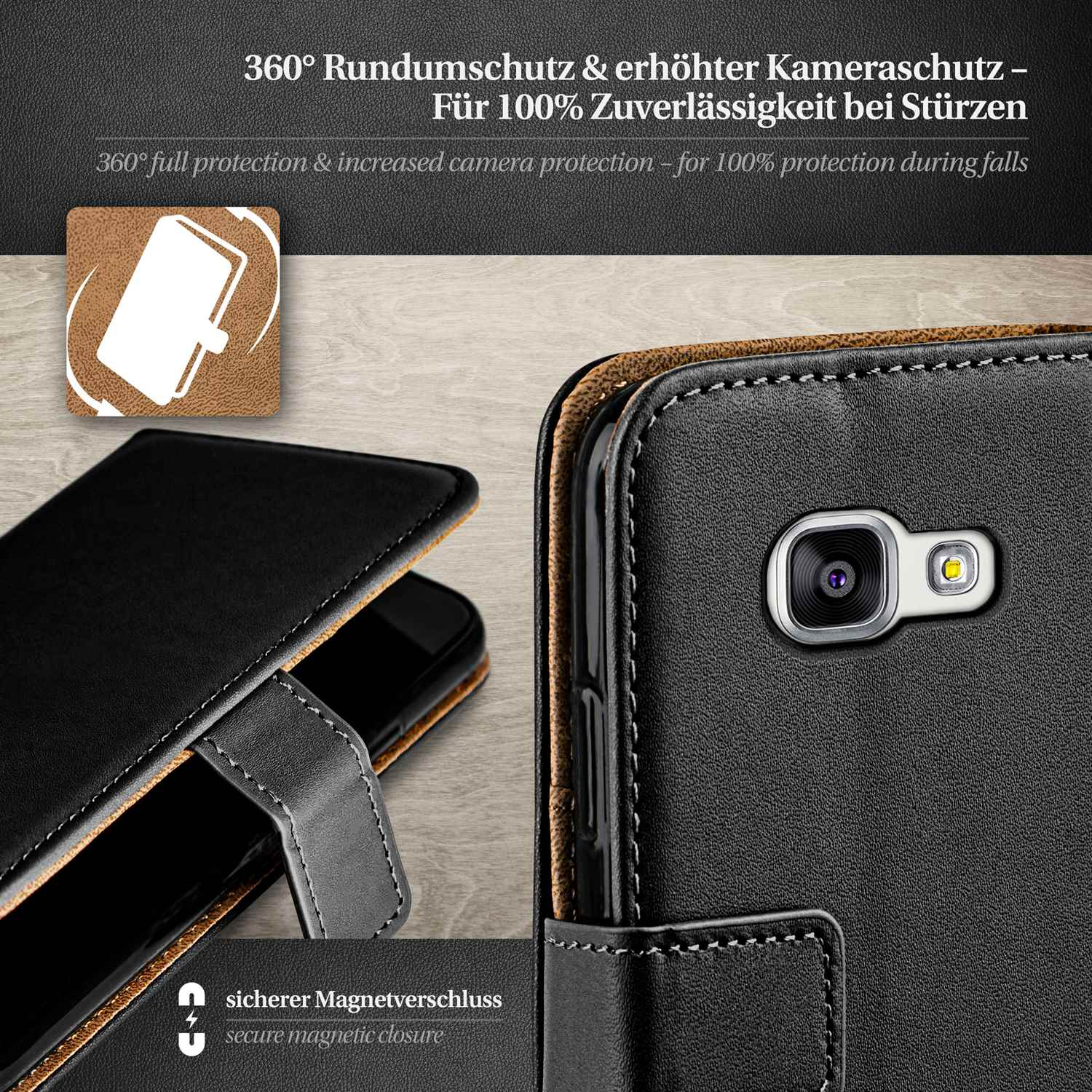 Eine schwarze Handyhülle mit Magnetverschluss, schützt das Telefon vor Beschädigungen.