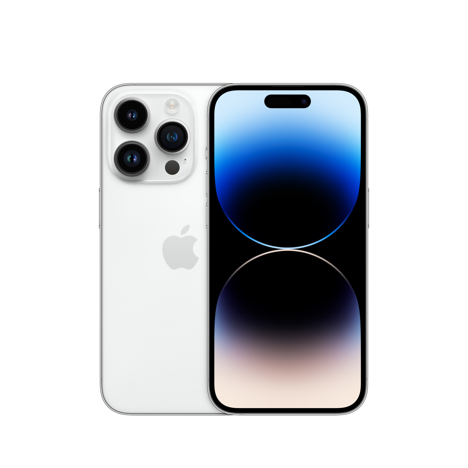Uno smartphone bianco e argento, che mostra sia la parte anteriore che quella posteriore. Schermo nero e tre fotocamere posteriori.