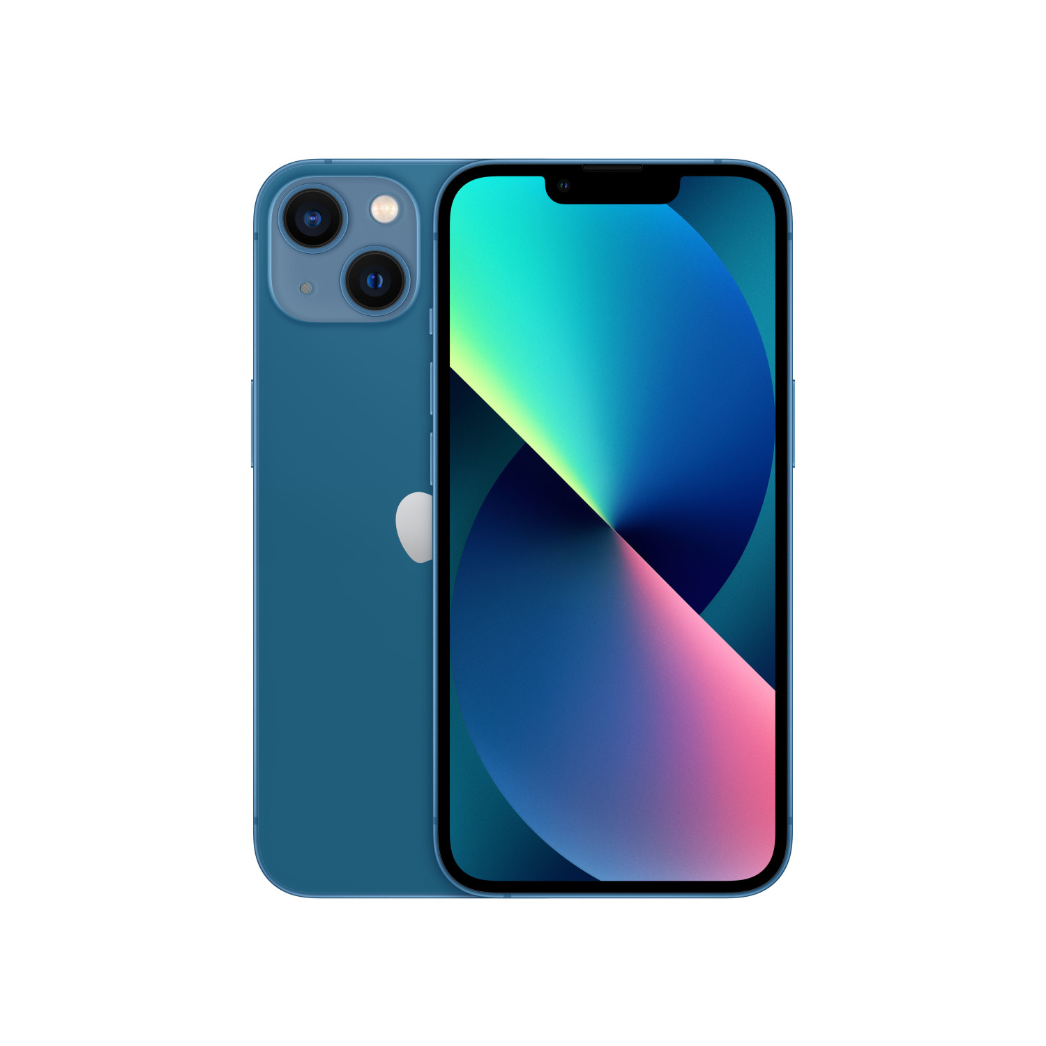 Niebieski iPhone 13 z przodu i z tyłu. Kolor niebieski, białe tło.