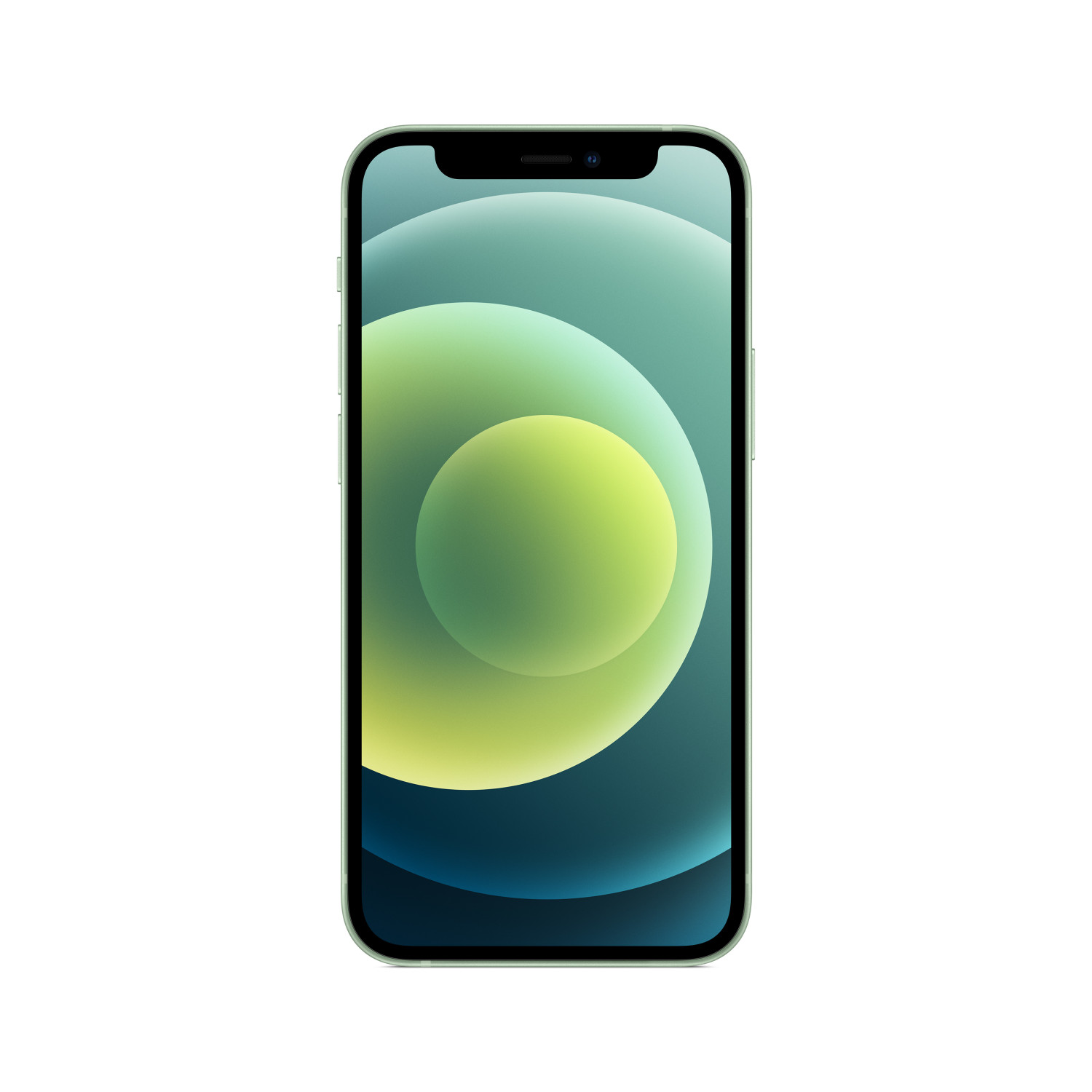 Grünes Smartphone. Buntes, abstraktes Design auf dem Bildschirm. Weißer Hintergrund.