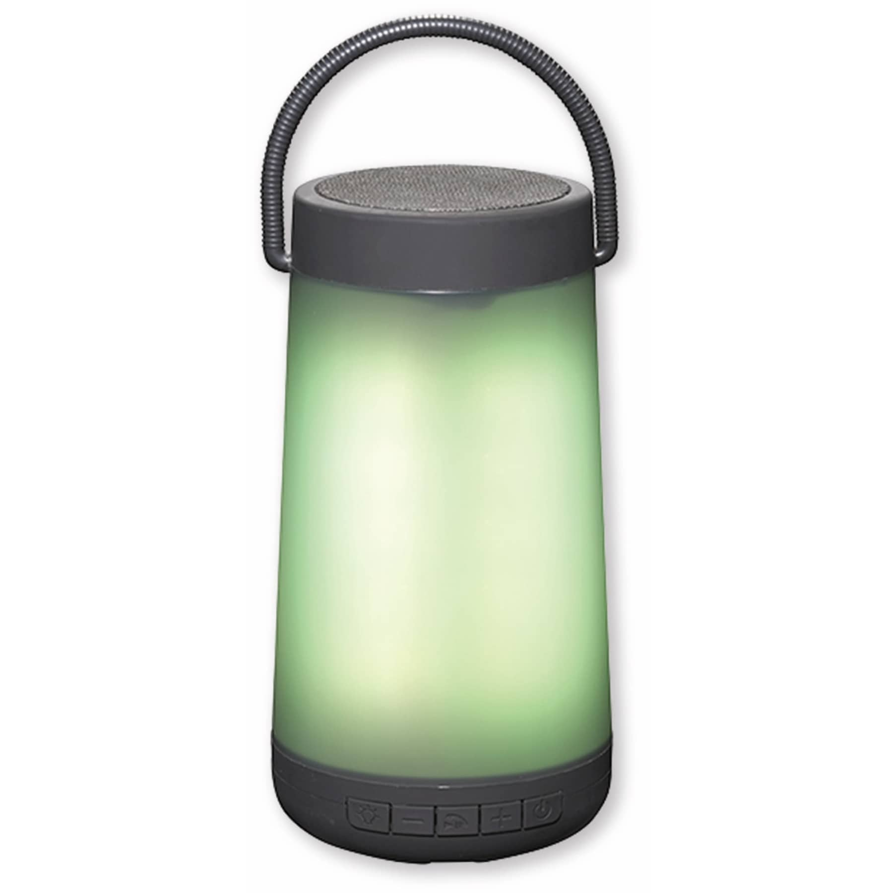 Zielony świecący głośnik w kształcie latarni z uchwytem i przyciskami na białym tle.