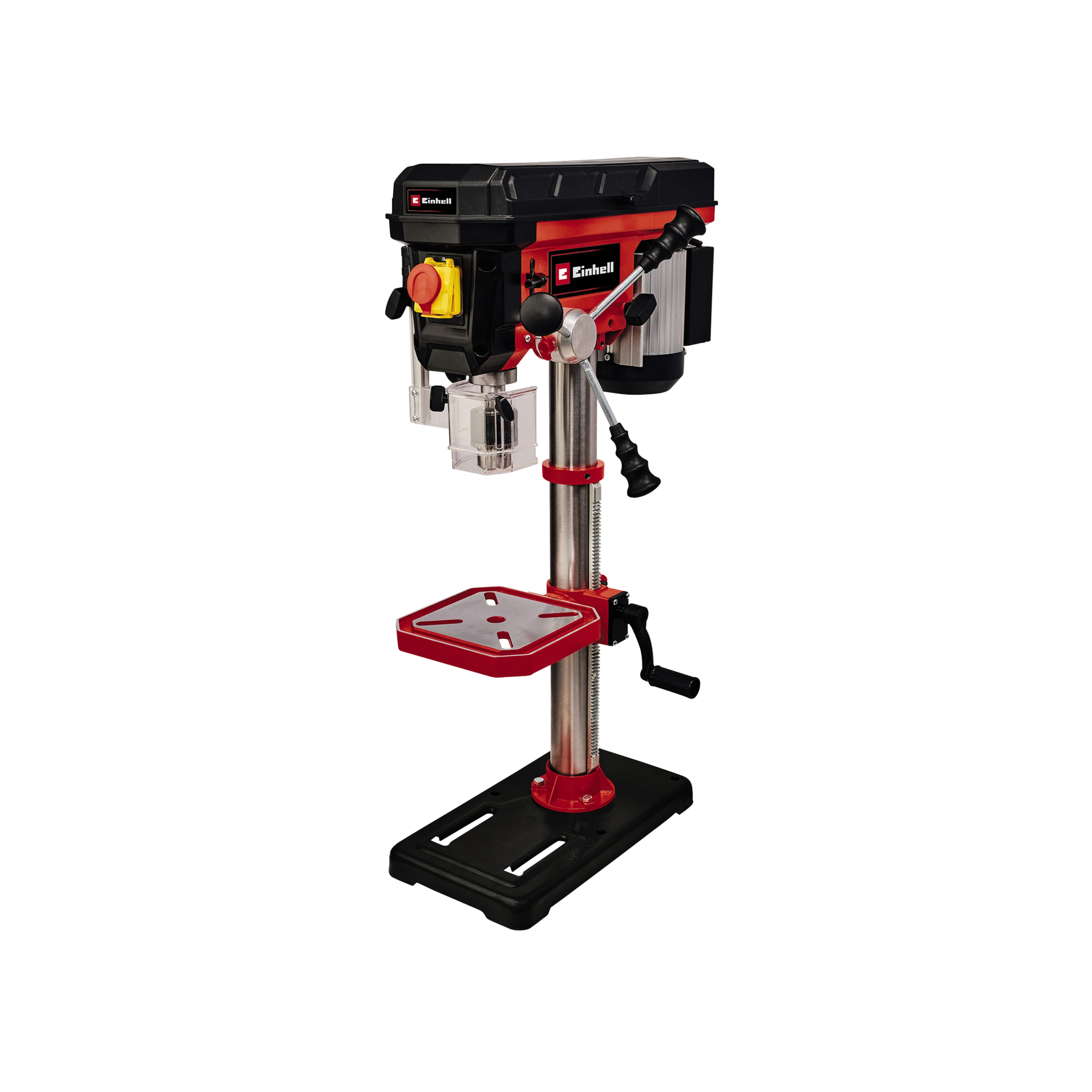 Trapano a colonna Einhell rosso e nero. Si appoggia su una base rossa con una base nera.