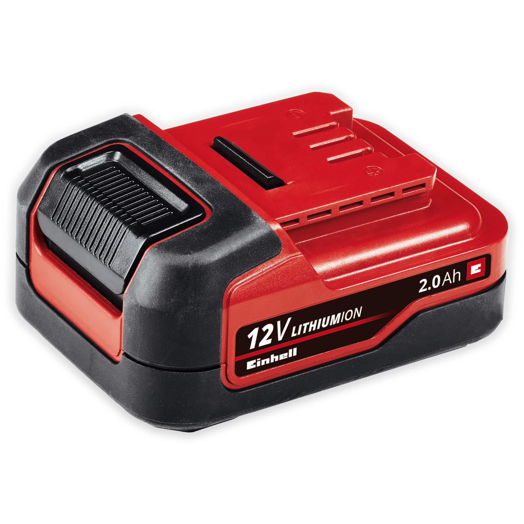 Rote und schwarze 12V Lithium-Ionen-Batterie. Die Batterie ist mit 2,0 Ah und dem Einhell-Logo gekennzeichnet.