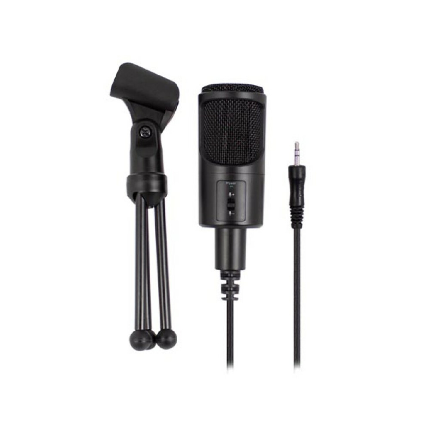 Microfono nero con supporto e cavo con jack da 3,5 mm.