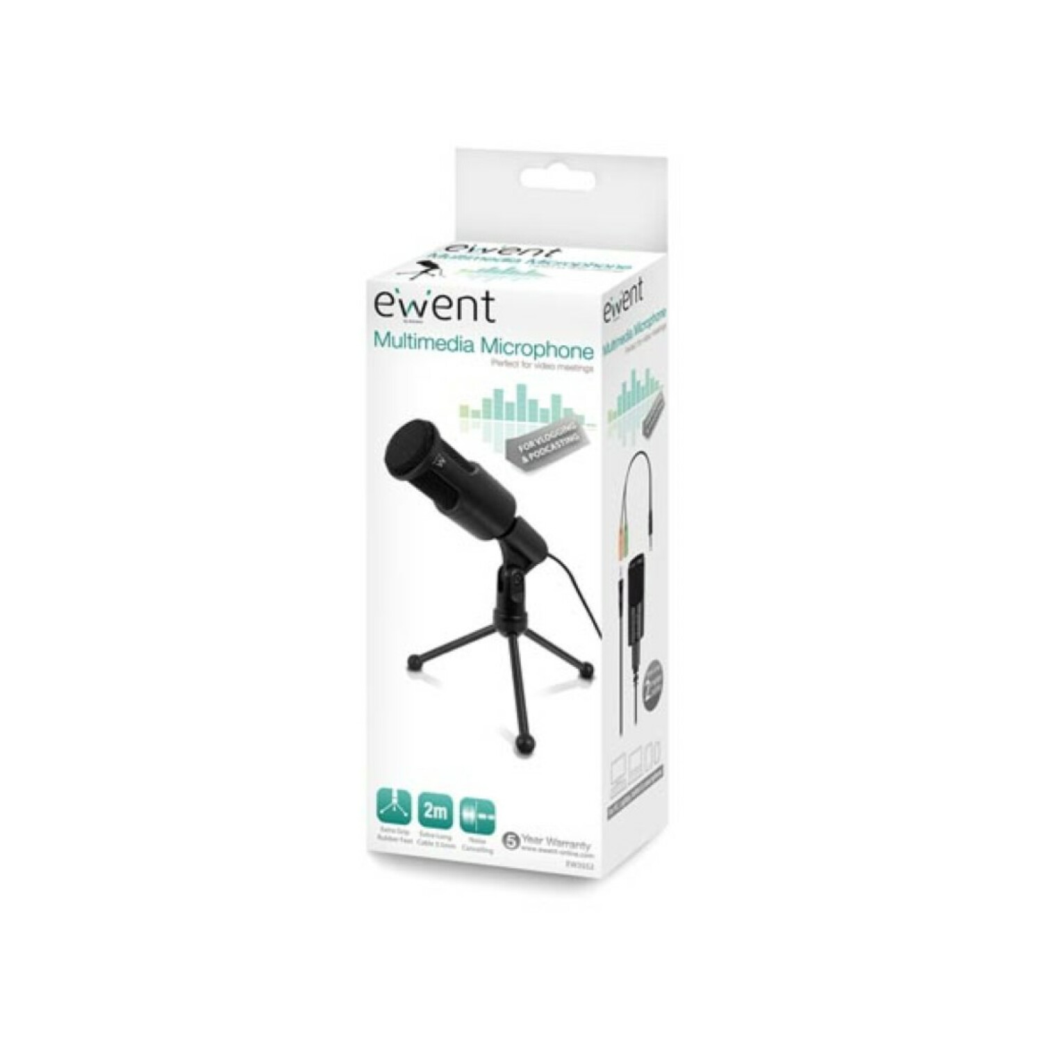 Microfono multimediale Ewent in scatola, piccolo treppiede, nero, su sfondo bianco.
