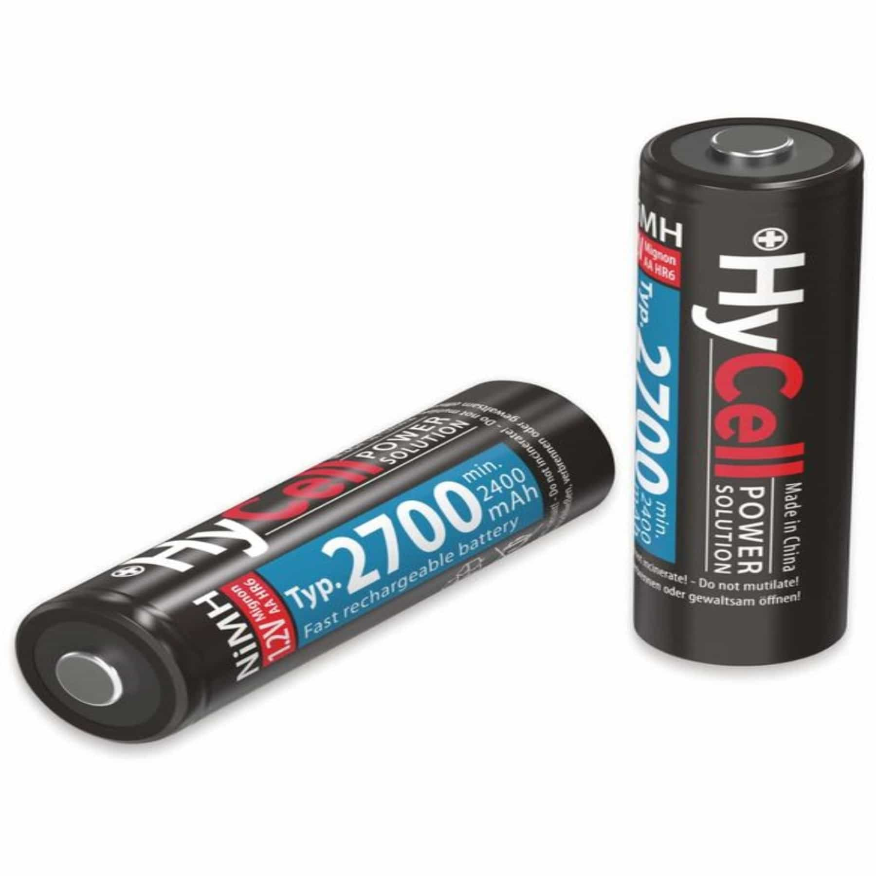 Due batterie ricaricabili nere e rosse, una sdraiata e una in piedi.