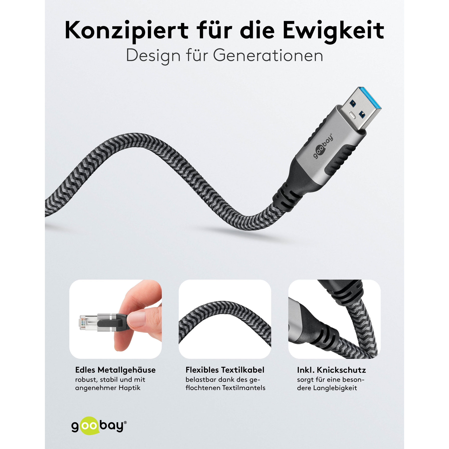 Cavo USB con cavo grigio-nero testurizzato e connettore argentato.