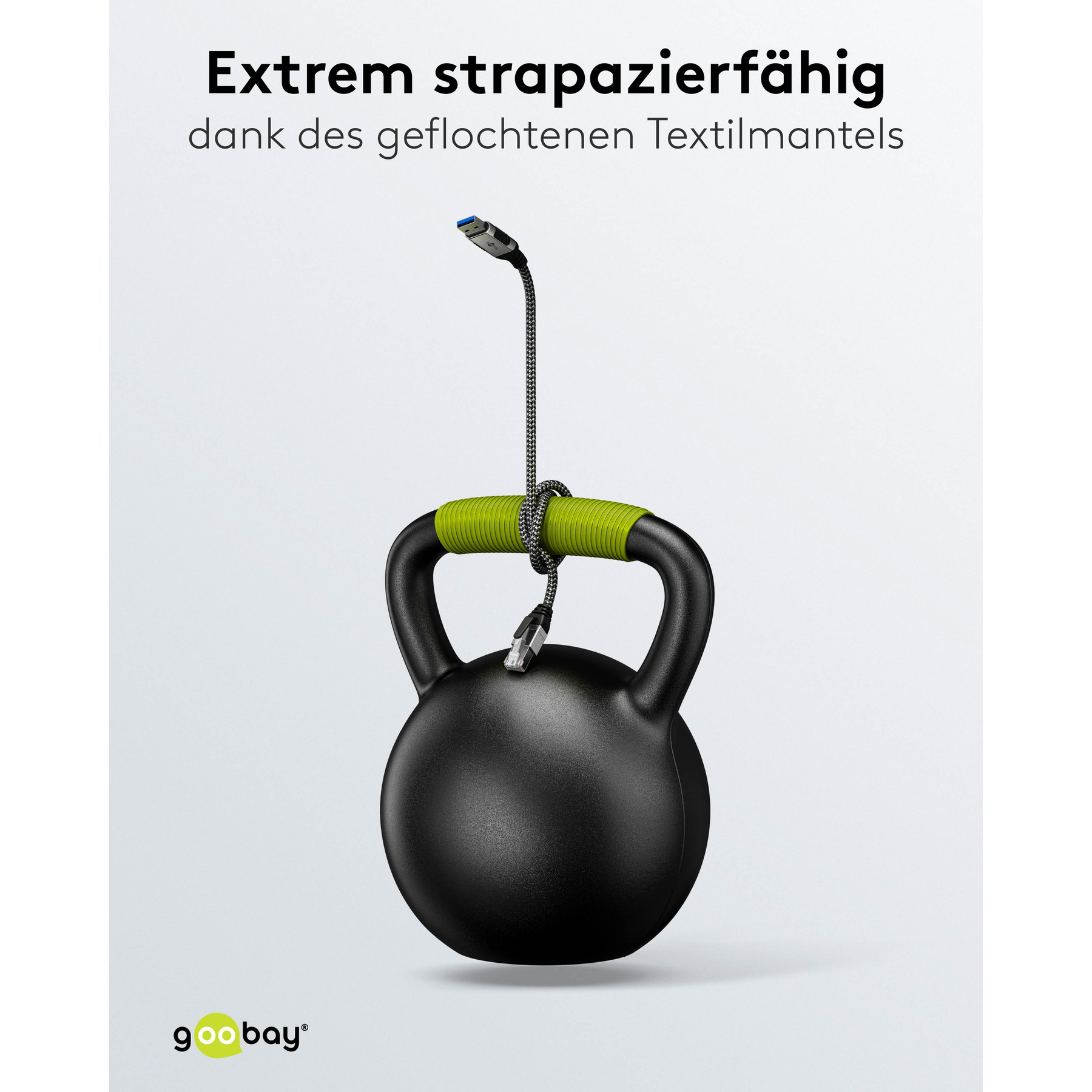 Kettlebell nero con manico avvolto in verde, con un cavo USB ad anello.