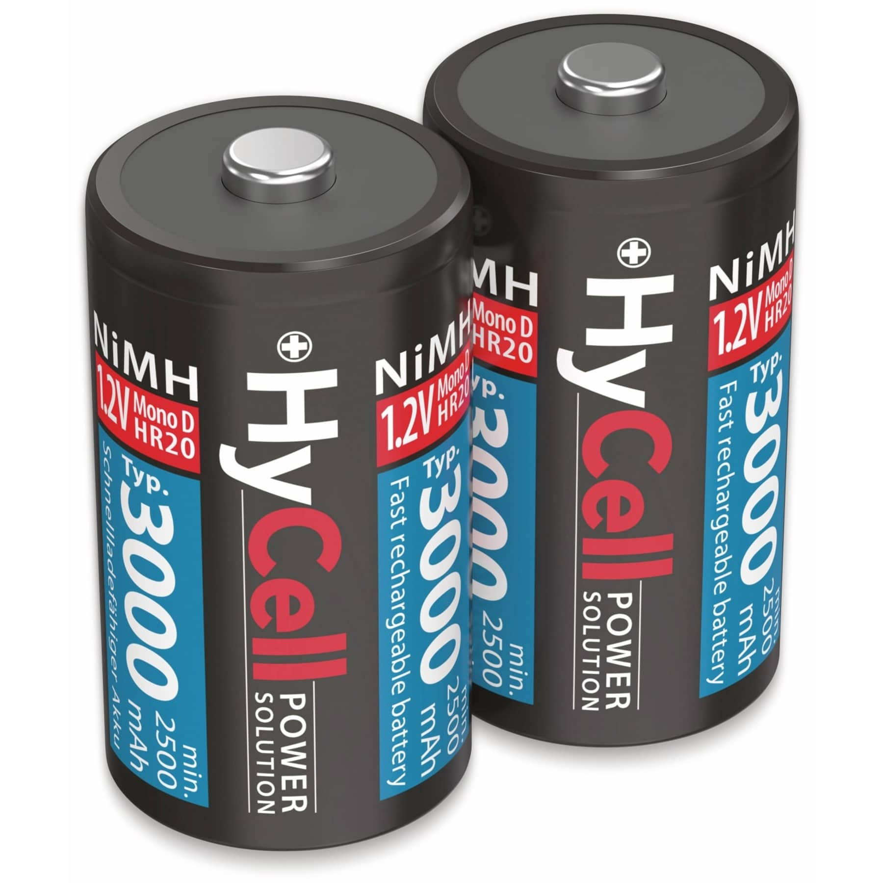 Zwei schwarz-blaue Batterien mit weißem Text. Die Batterien sind zylindrisch.