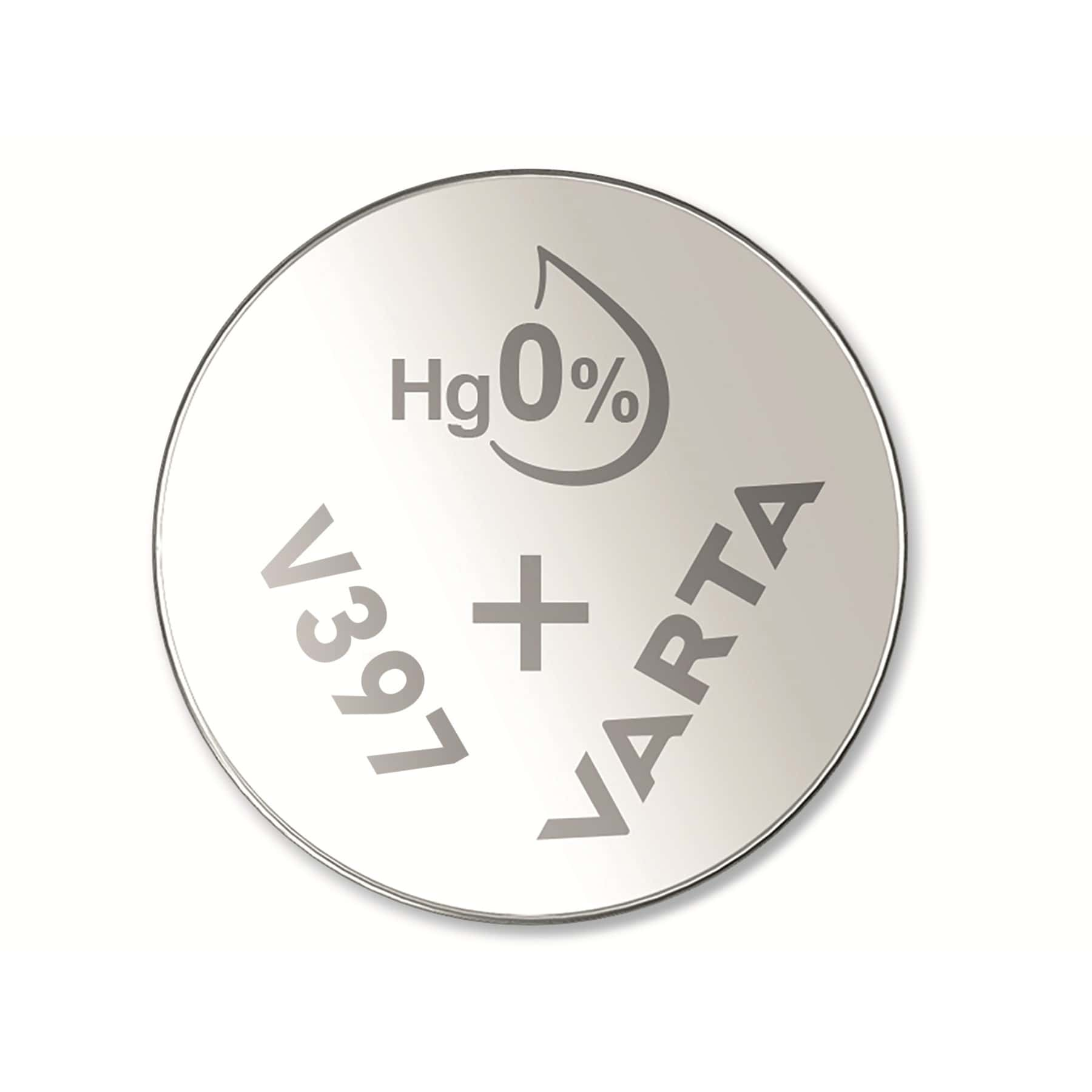 Silberne Varta-Batterie mit Hg 0%-Etikett, auf weißem Hintergrund. Die Batterie ist kreisförmig.