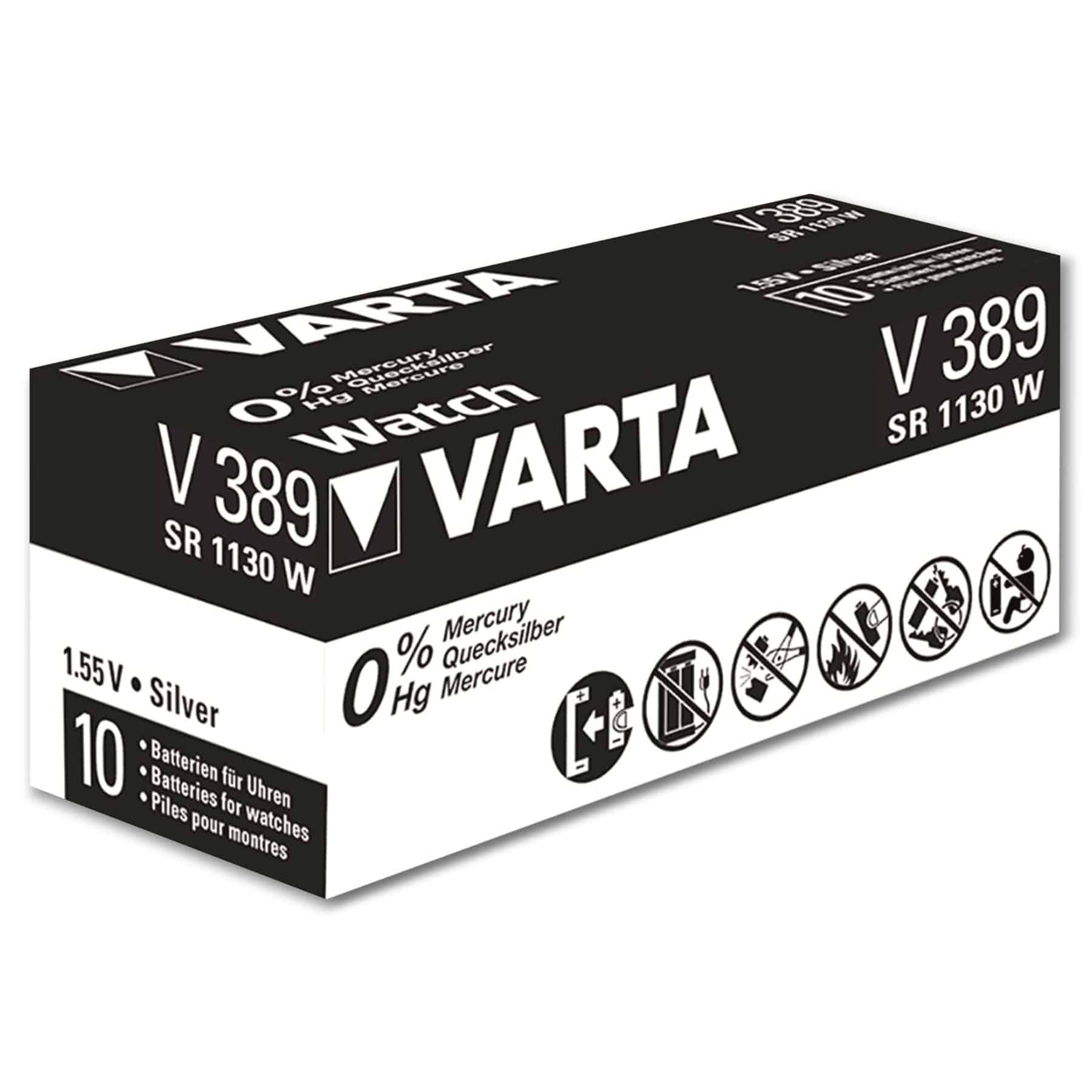 Varta V389 Uhrenbatterien in einer Packung mit 10 Stück. Weißer Hintergrund.
