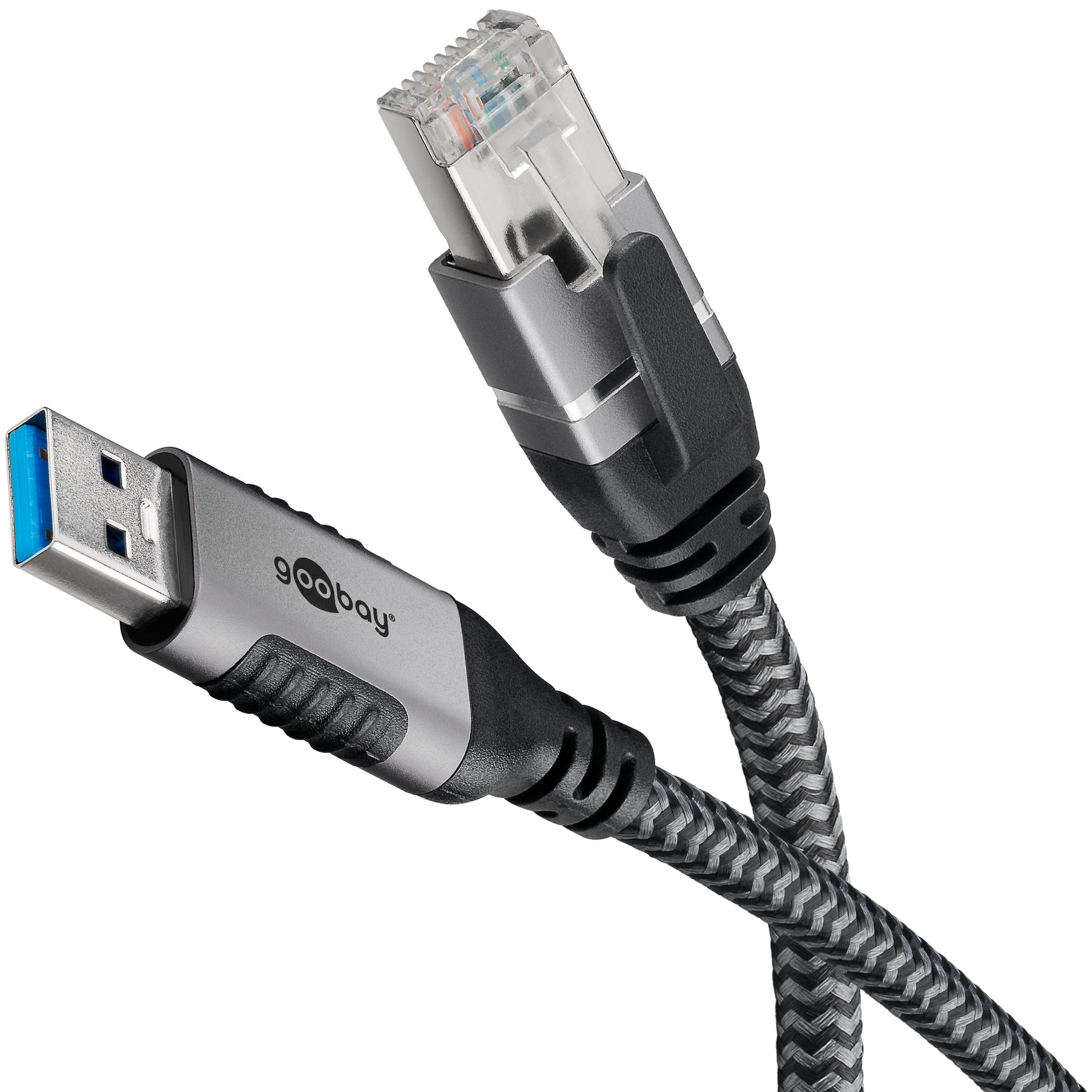 Cavo Ethernet USB a RJ45. Colore grigio e nero. Marchio Goobay visibile.