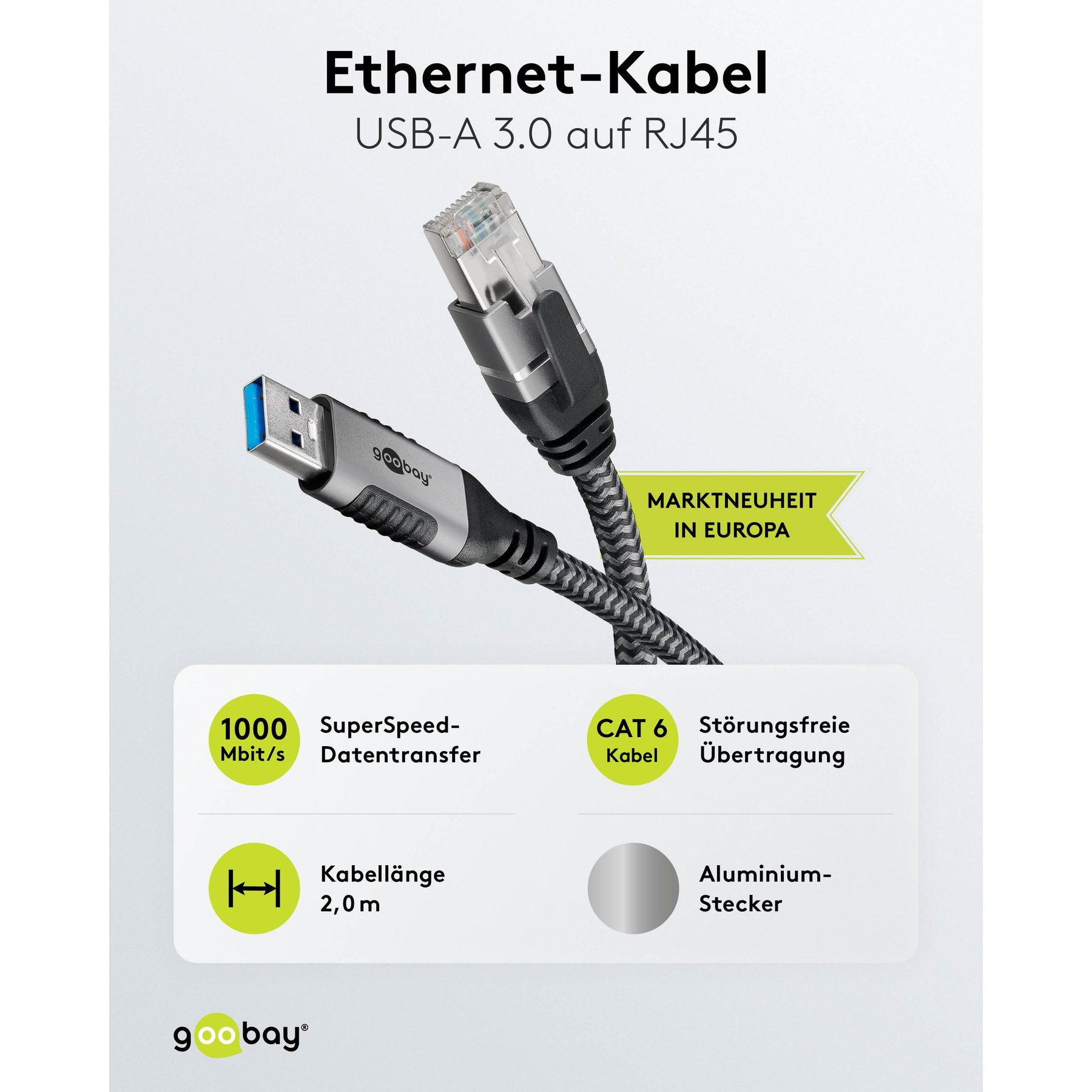 Un cavo Ethernet con connettori USB-A e RJ45.
