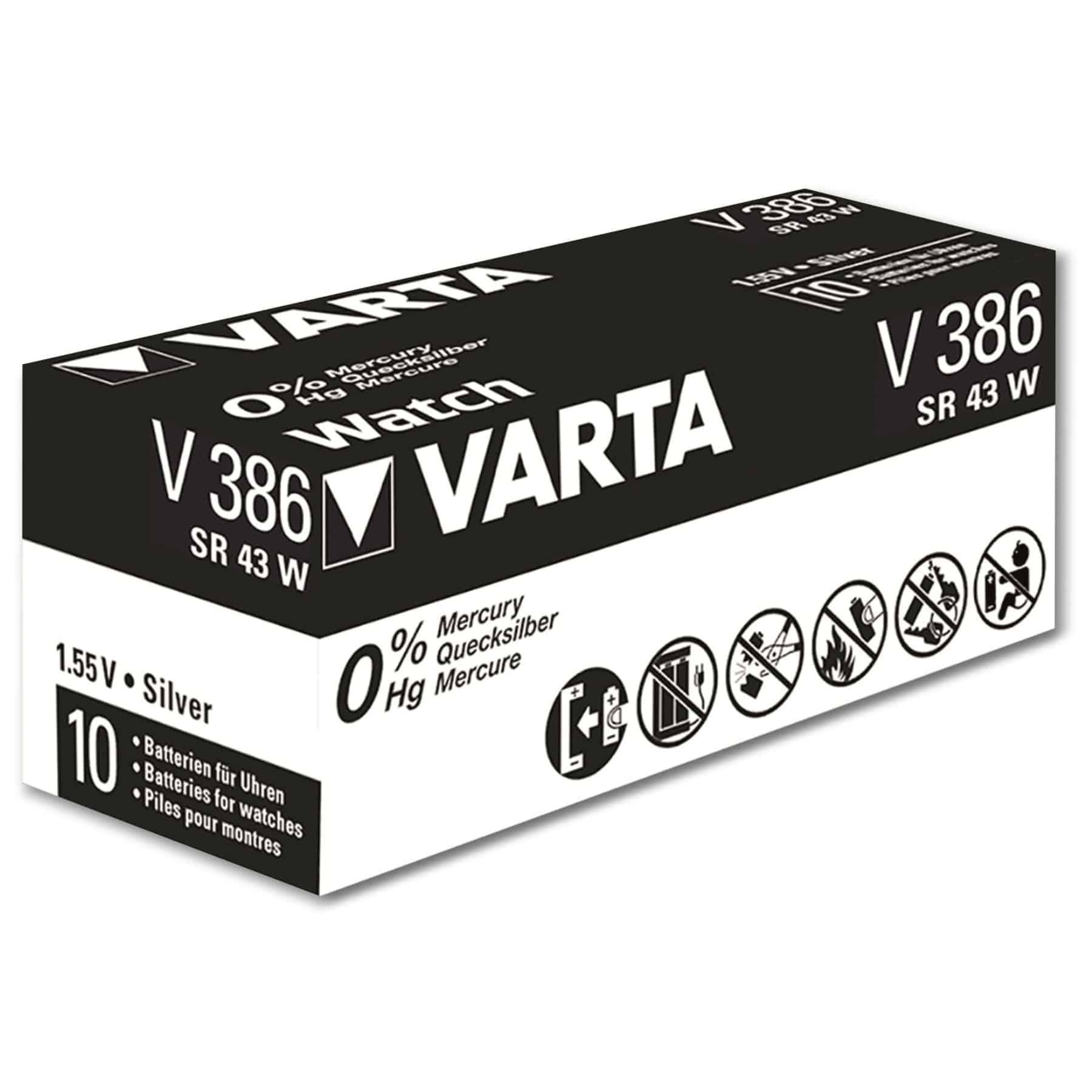 Varta V386 Uhrenbatterie-Box. Schwarz und weiß, mit Batterien und Sicherheitsinformationen bedruckt.