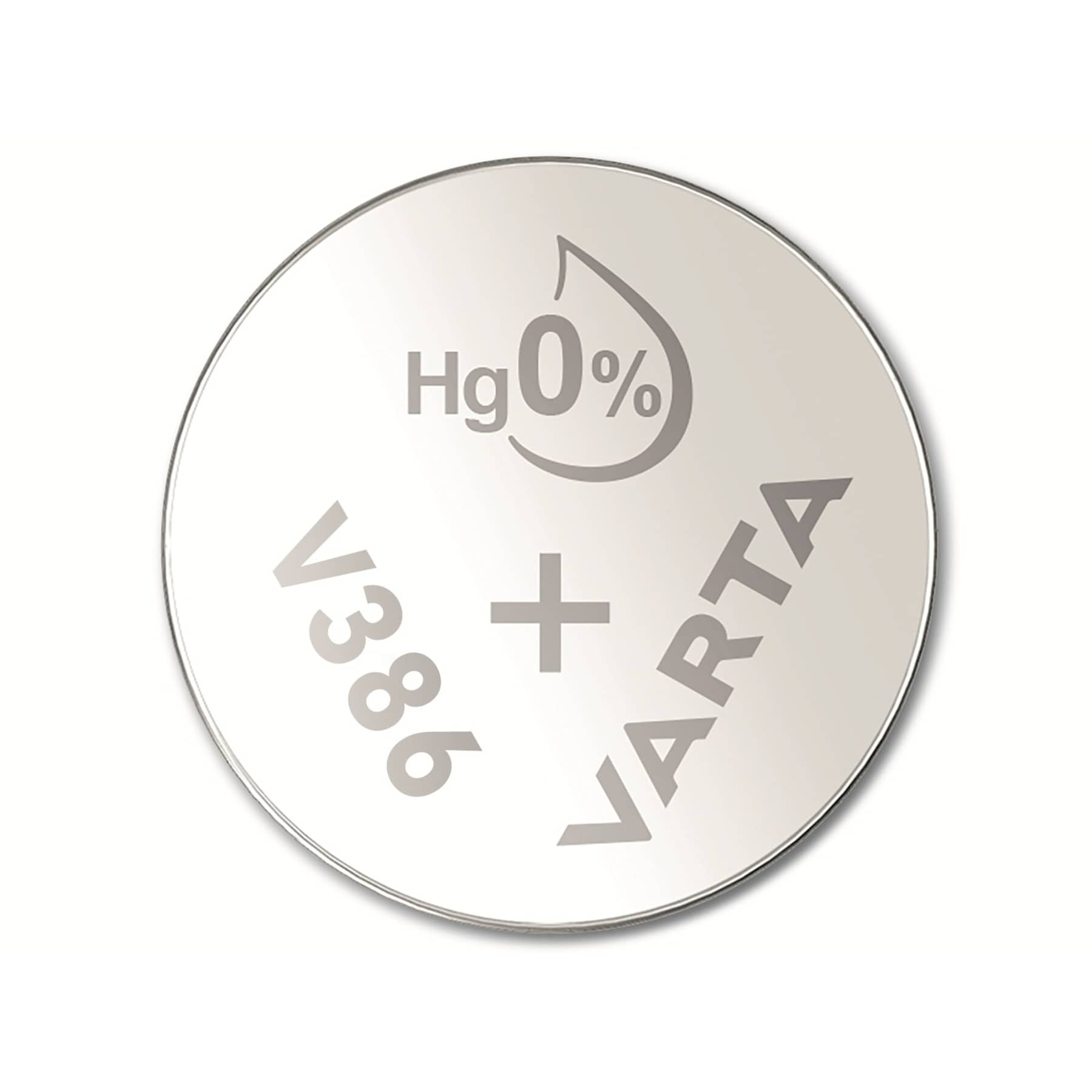 Eine silberne VARTA-Batterie mit Hg 0% und V386.