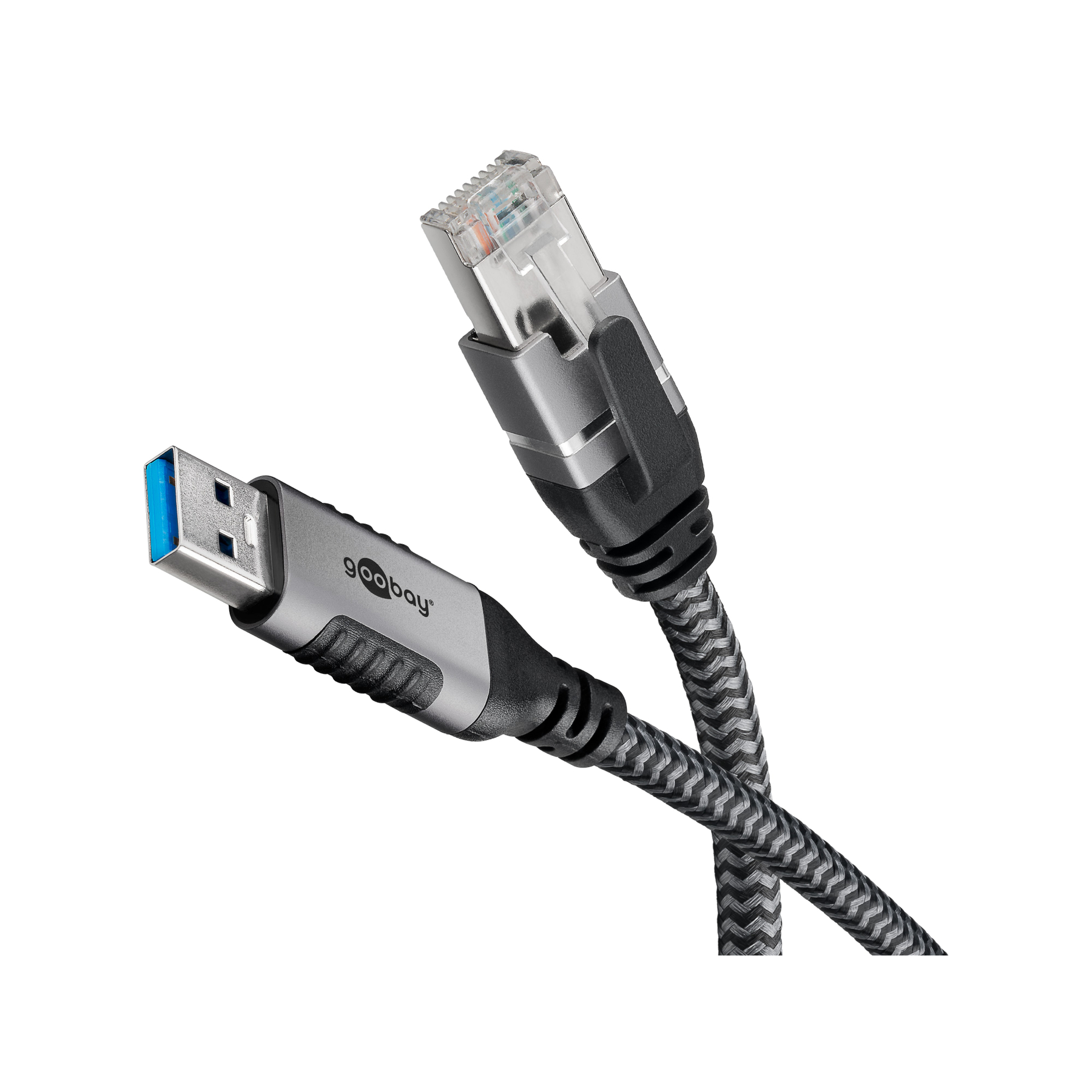 Cavo Ethernet e USB. Il connettore Ethernet è grigio e il connettore USB è blu.