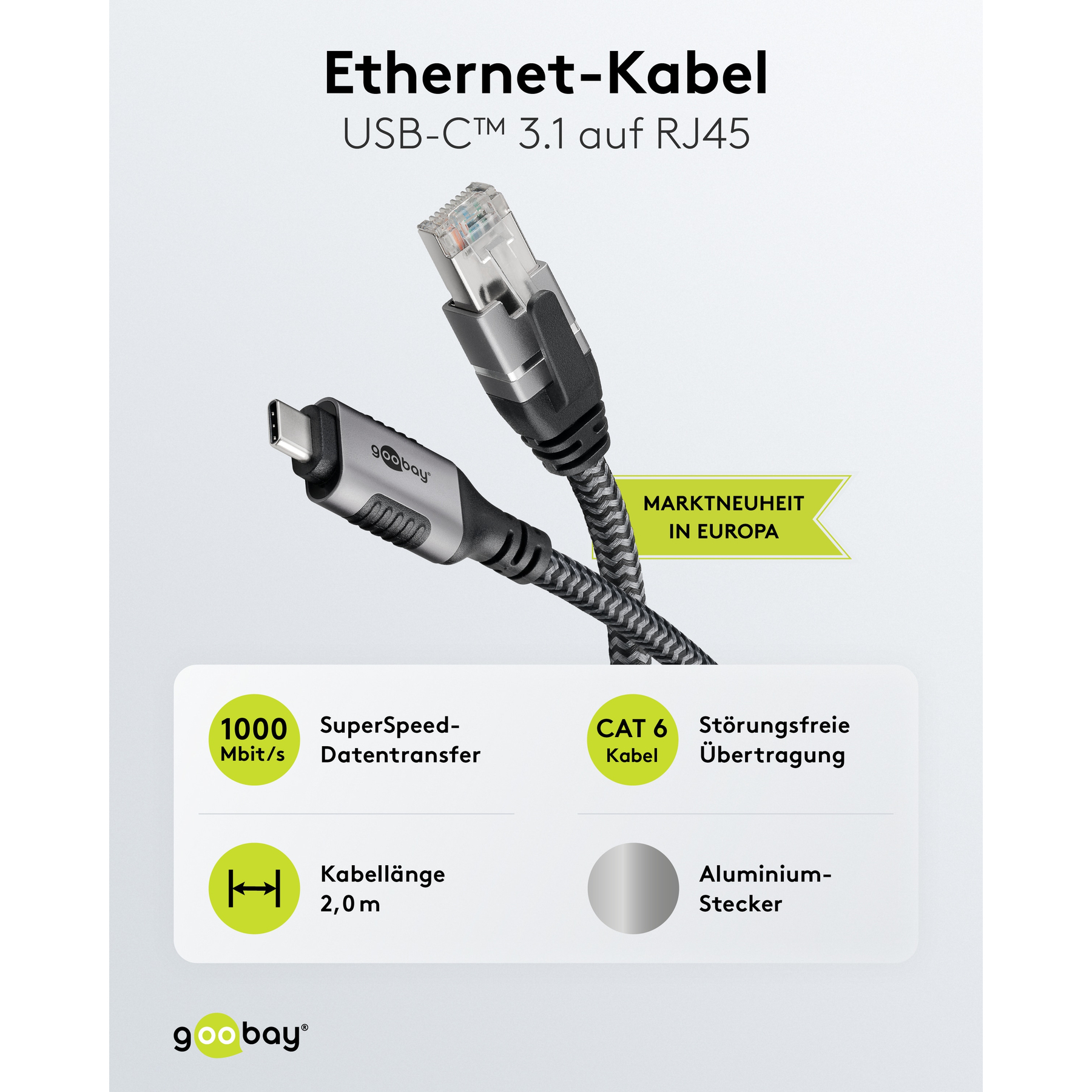 Cavo Ethernet con connettori USB-C e RJ45, con testo su sfondo bianco.