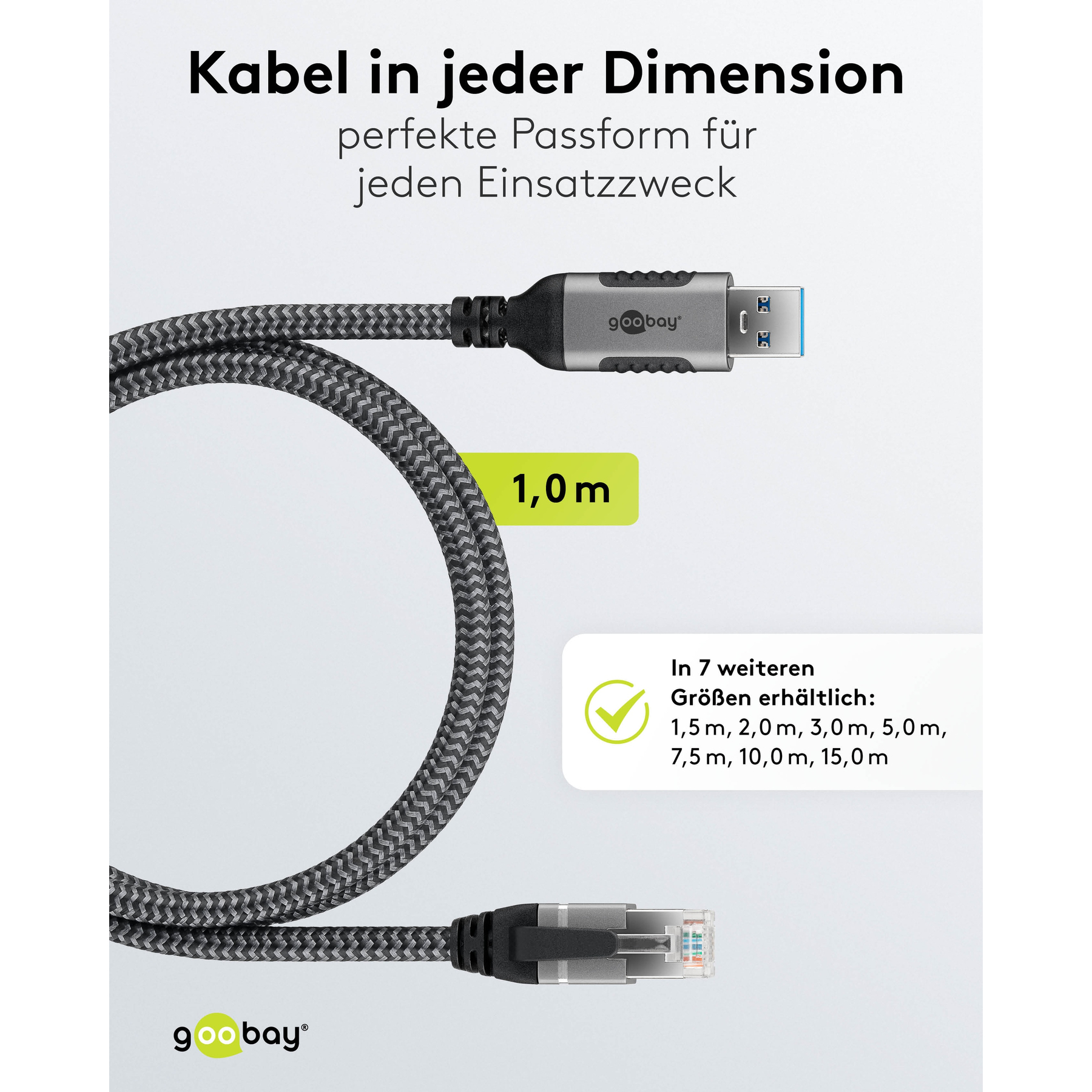 Un cavo USB nero e grigio con un connettore USB-A e RJ45. Testo sull'immagine: 'Kabel in jeder Dimension'.