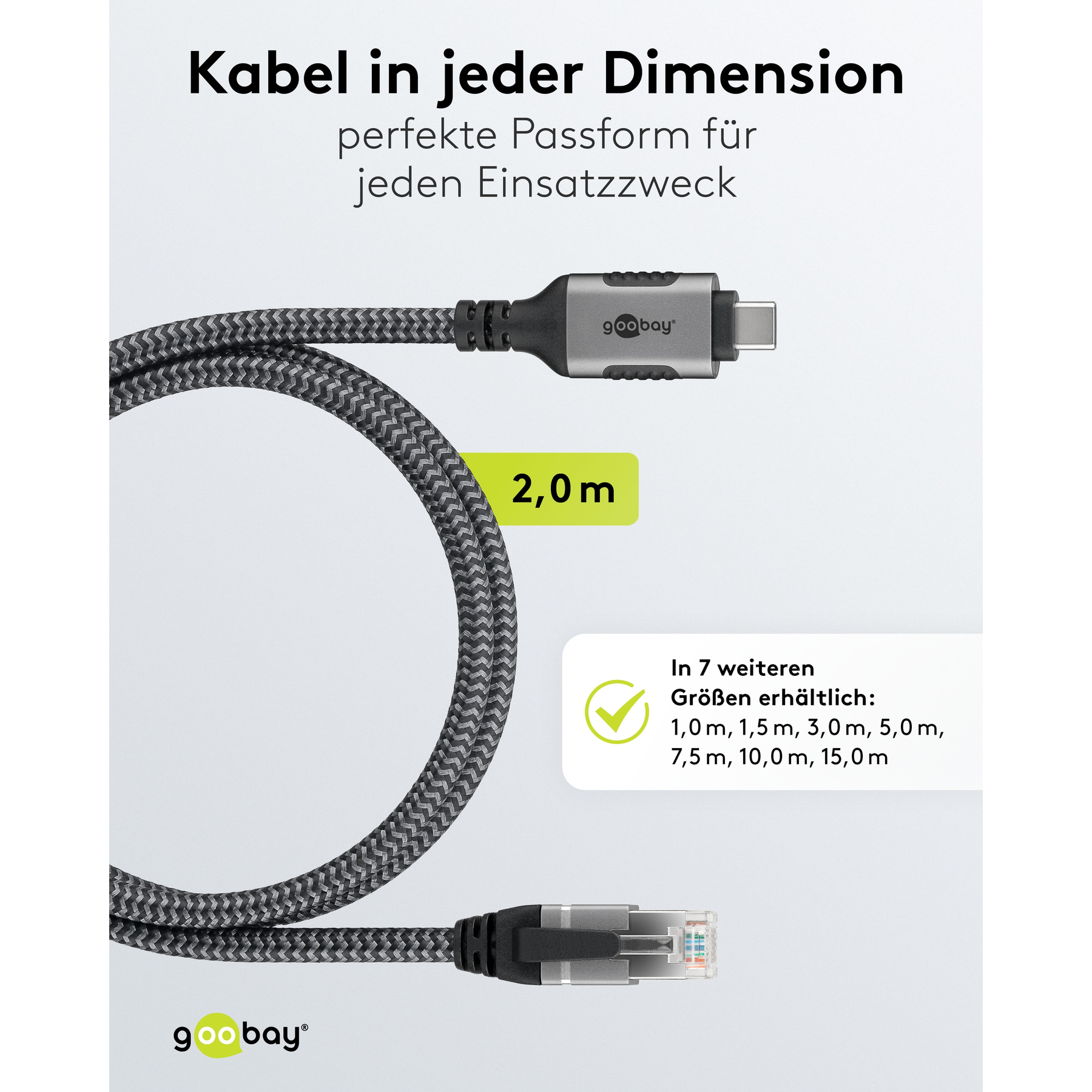 Un cavo nero e grigio con un USB-C e un connettore Ethernet. Il testo recita: Kabel in jeder Dimension.