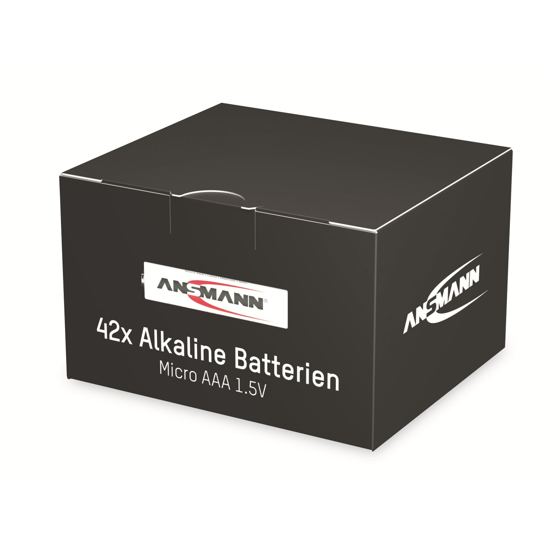 Schachtel mit 42 Alkali-Batterien, schwarze Schachtel mit weißem Text und ANSMANN-Logo.