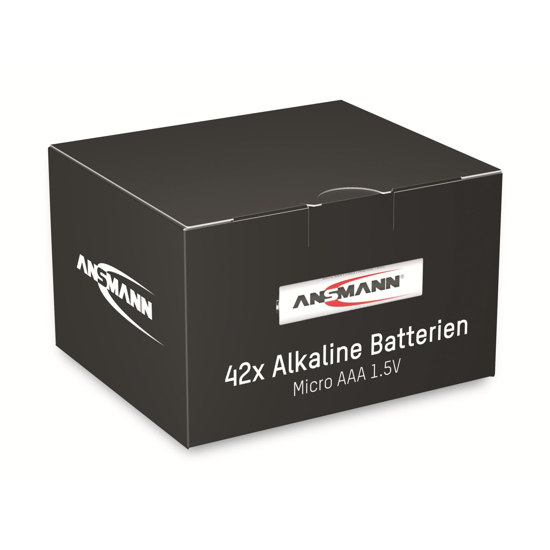 Eine schwarze Batteriekiste mit weißem Text und Logo. Die Kiste steht auf weißem Grund.