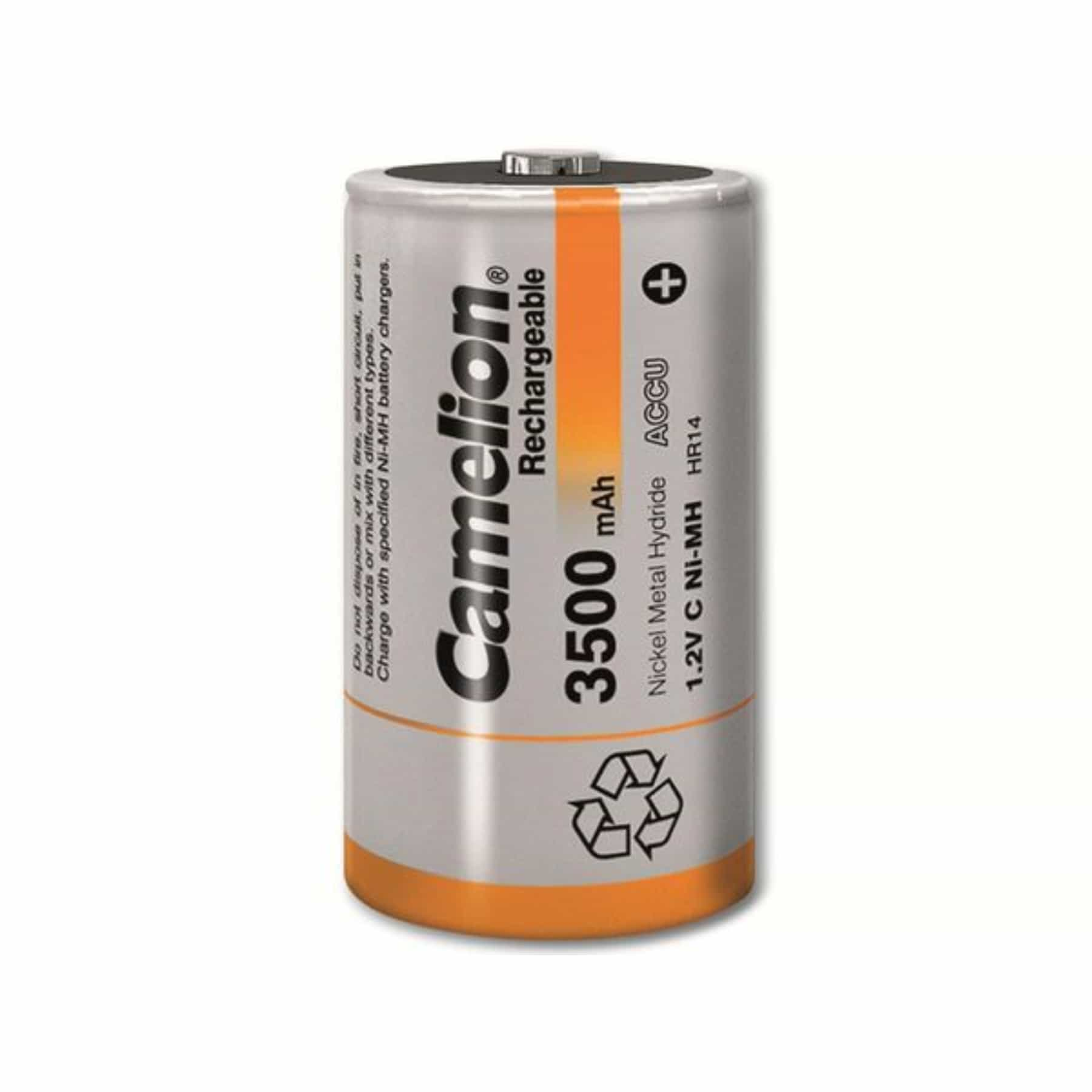 Bateria cylindryczna z pomarańczowymi akcentami, z napisem 'Camelion Rechargeable', 3500 mAh i symbolem recyklingu.