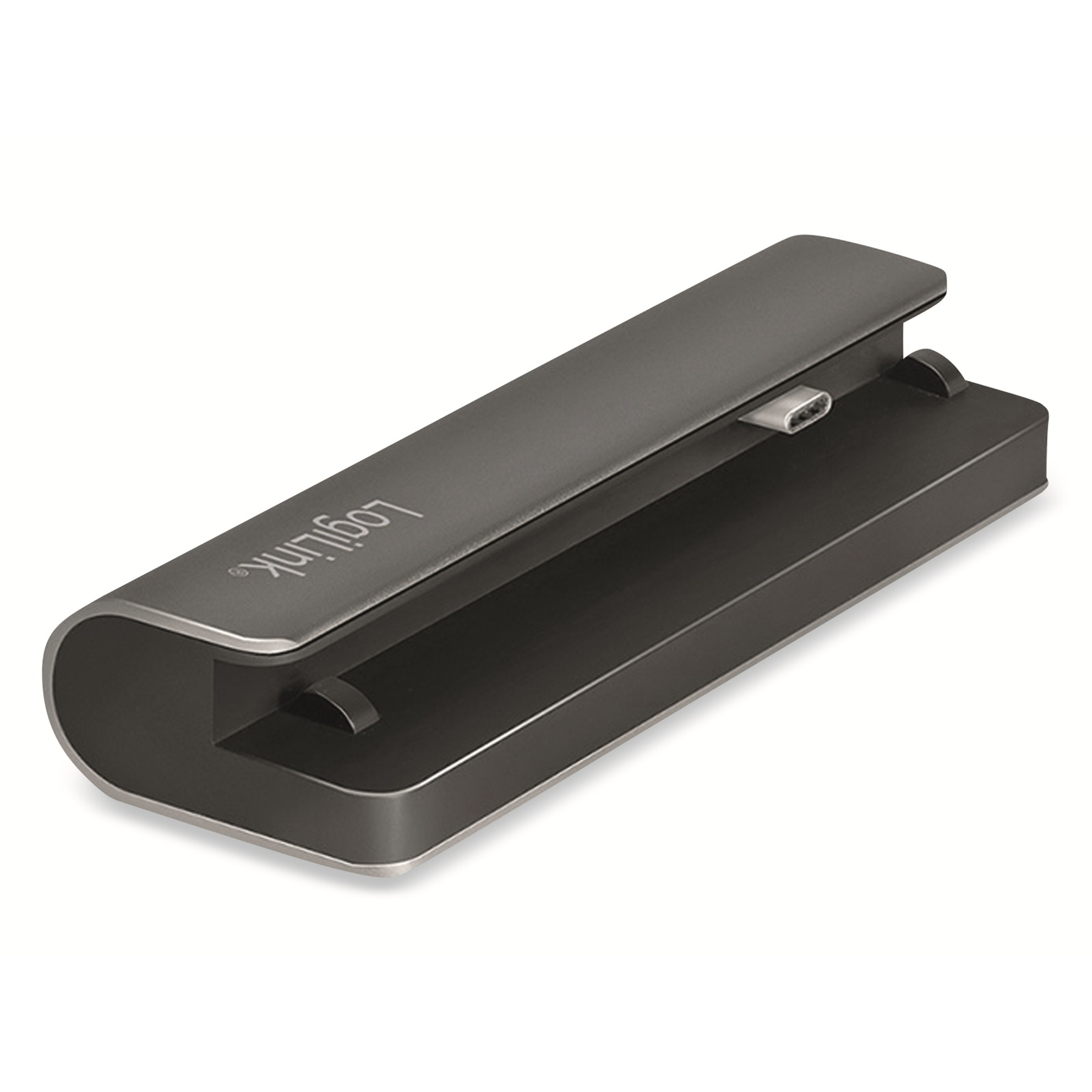 Silber-schwarze LogiLink USB-C-Dockingstation, abgewinkelt auf weißer Oberfläche.