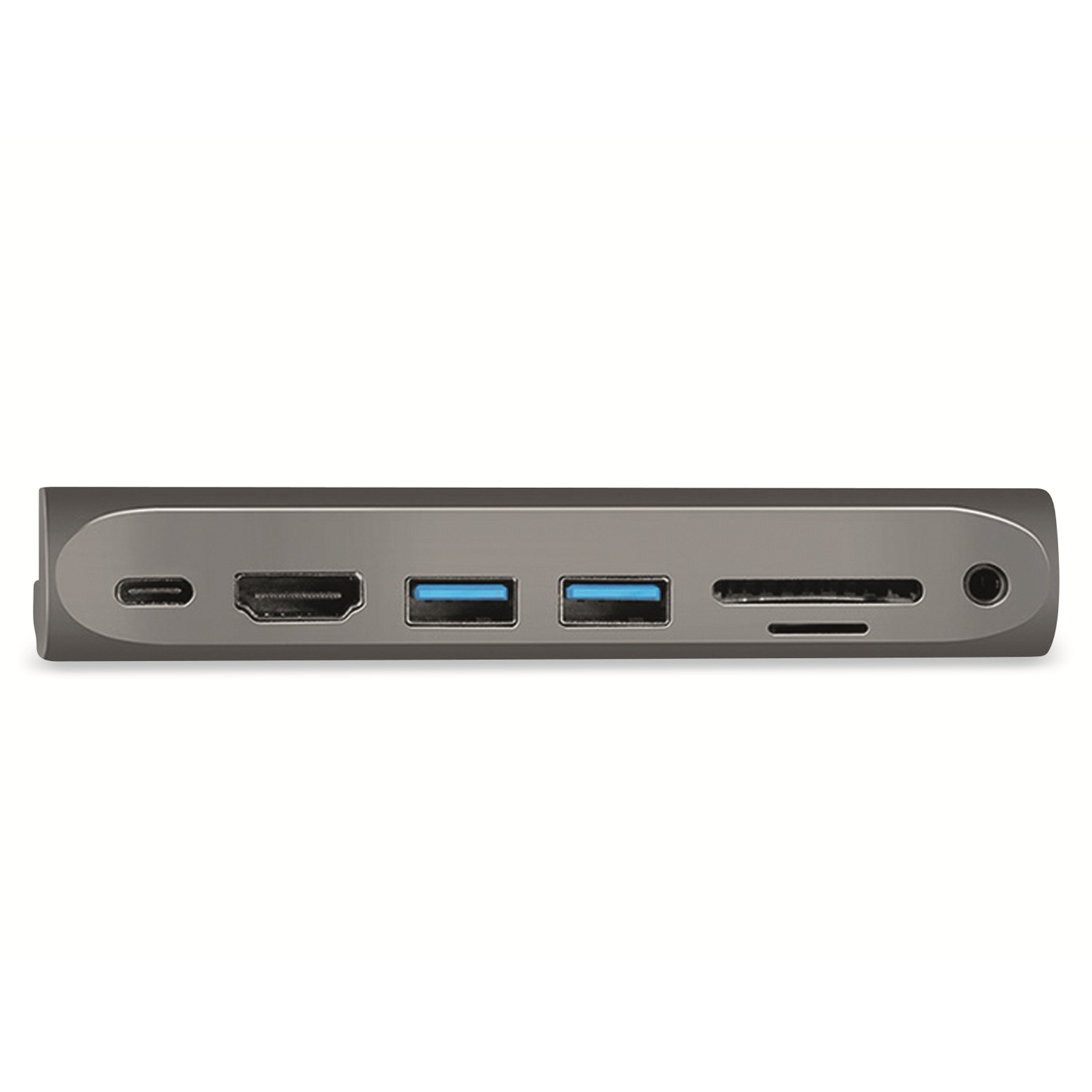 Ein silberner Hub mit mehreren Anschlüssen: USB, HDMI, SD-Kartensteckplatz und ein USB-C-Anschluss.