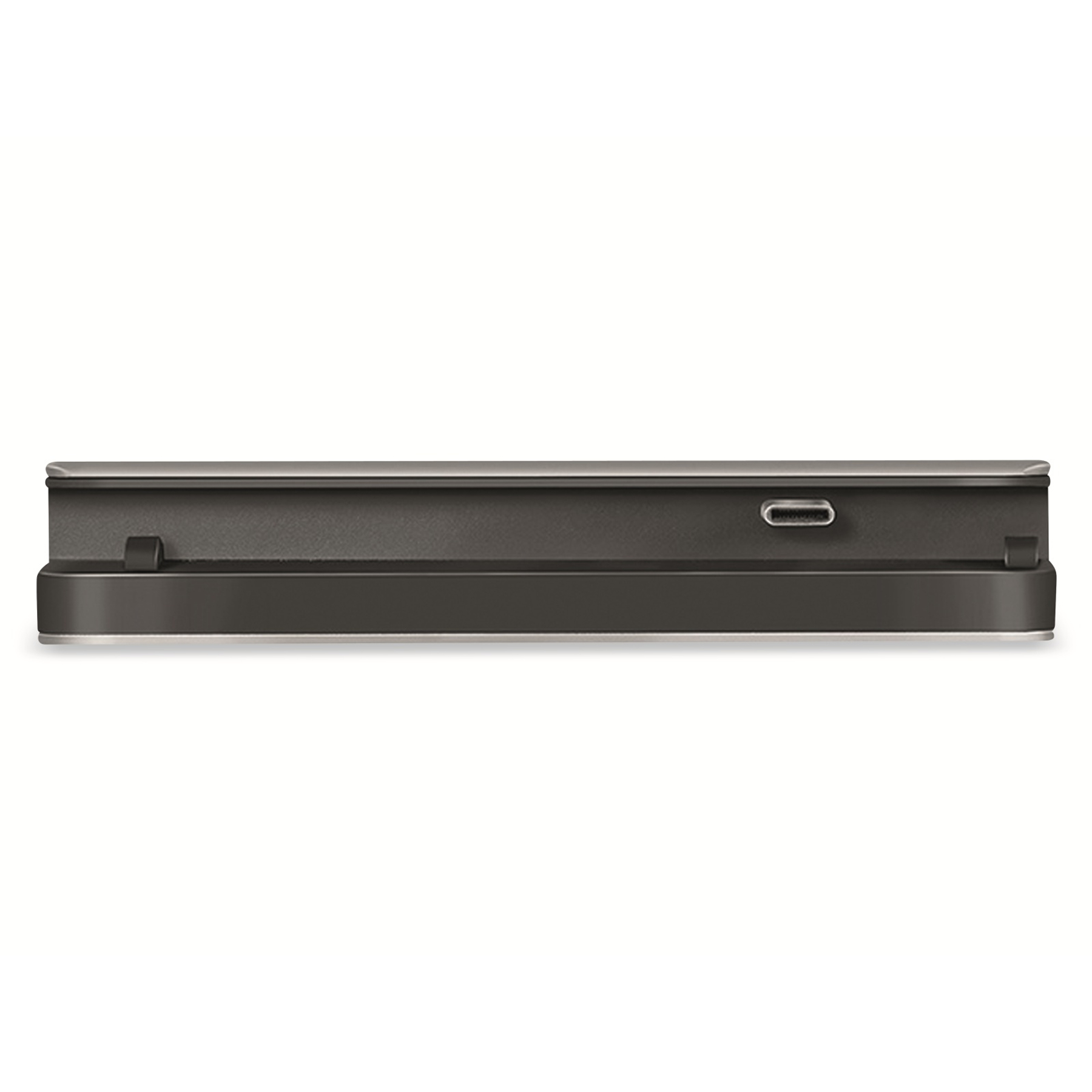 Eine dunkelgraue Ladestation mit einem USB-C-Anschluss. Es ist ein elegantes, rechteckiges Gerät.