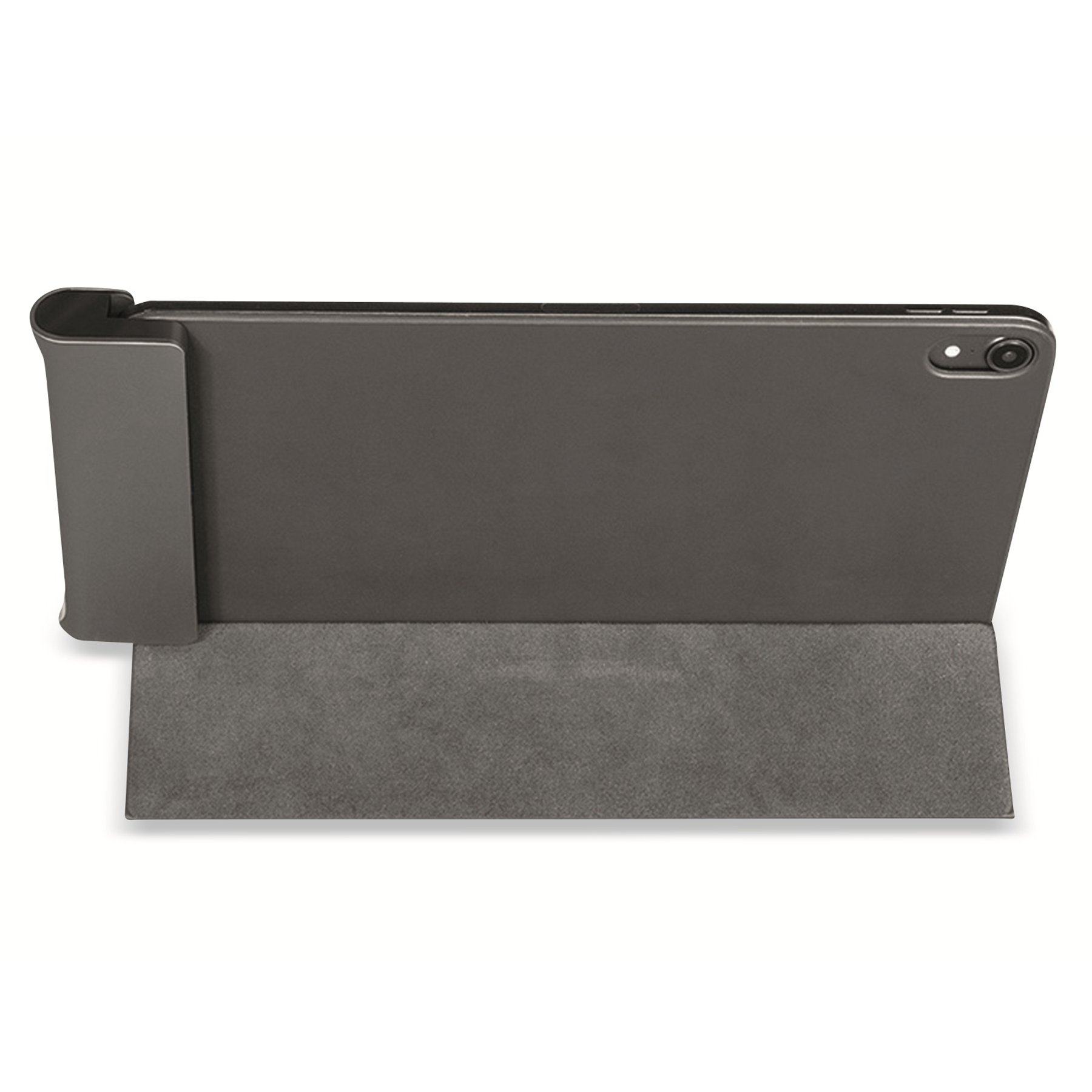 Ein Tablet mit einer Hülle. Die Hülle ist grau. Das Tablet ist schwarz.