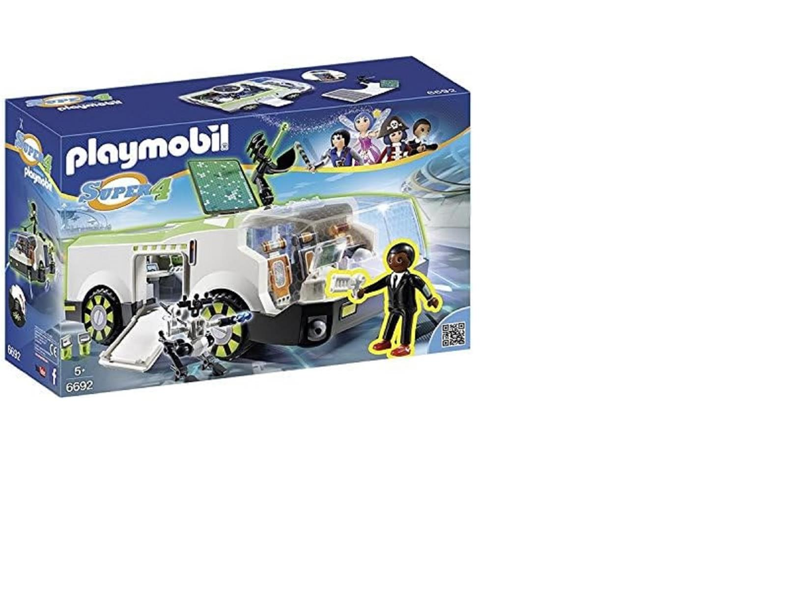 Playmobil Spielzeugbox. Die Box zeigt ein weißes Fahrzeug, eine schwarz gekleidete Figur und andere Spielfiguren.