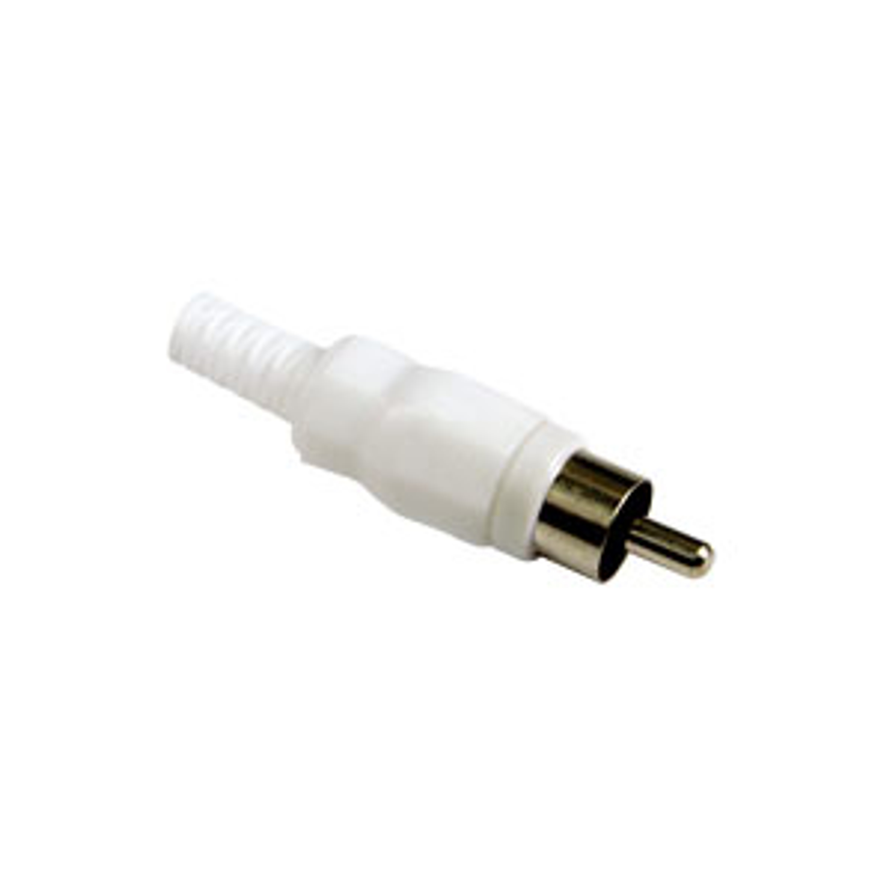 Weißer Cinch-Stecker mit goldener Spitze. Weißes Kunststoffgehäuse. Die Spitze ist gold.