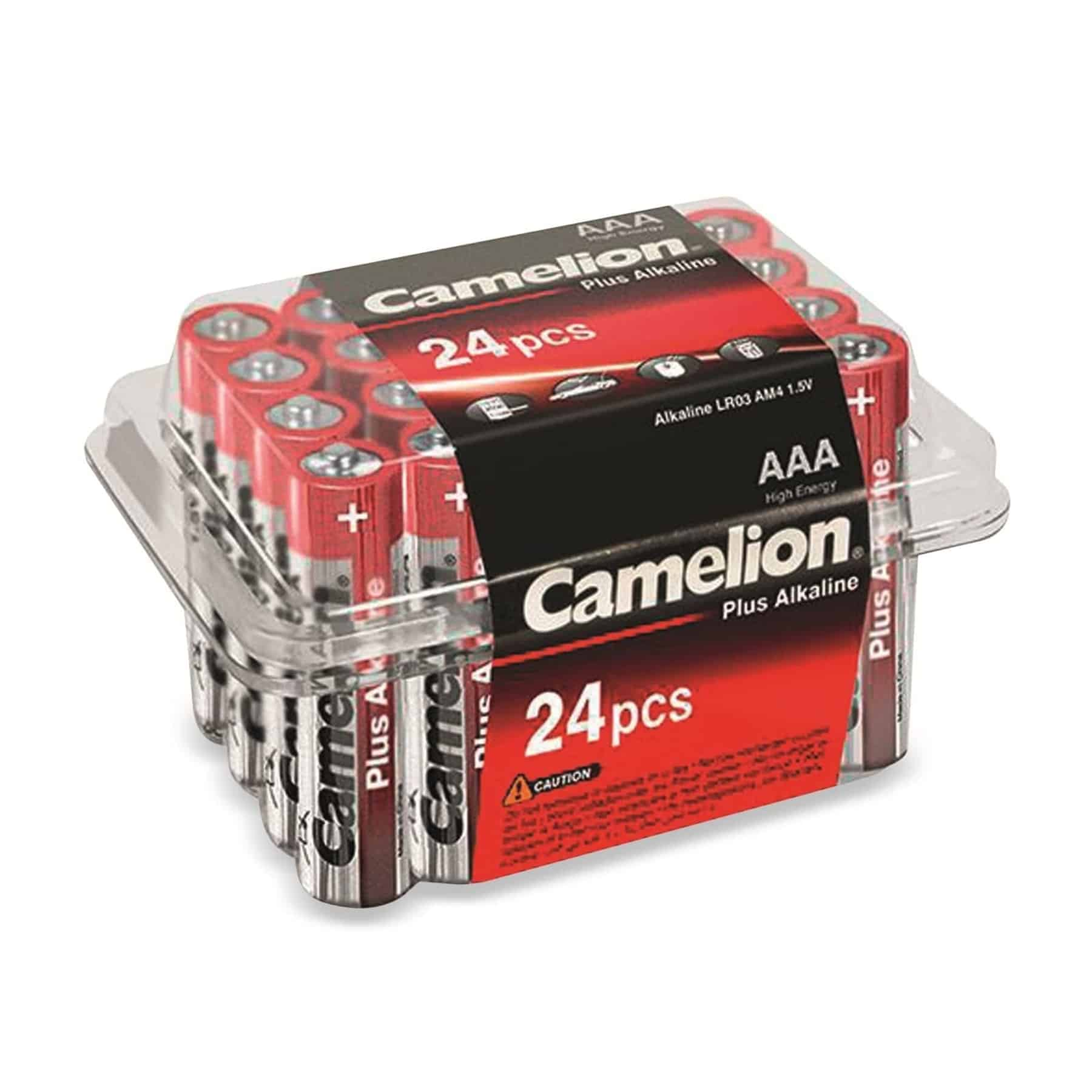 Un pacco di plastica trasparente da 24 batterie AAA Camelion Plus Alkaline.
