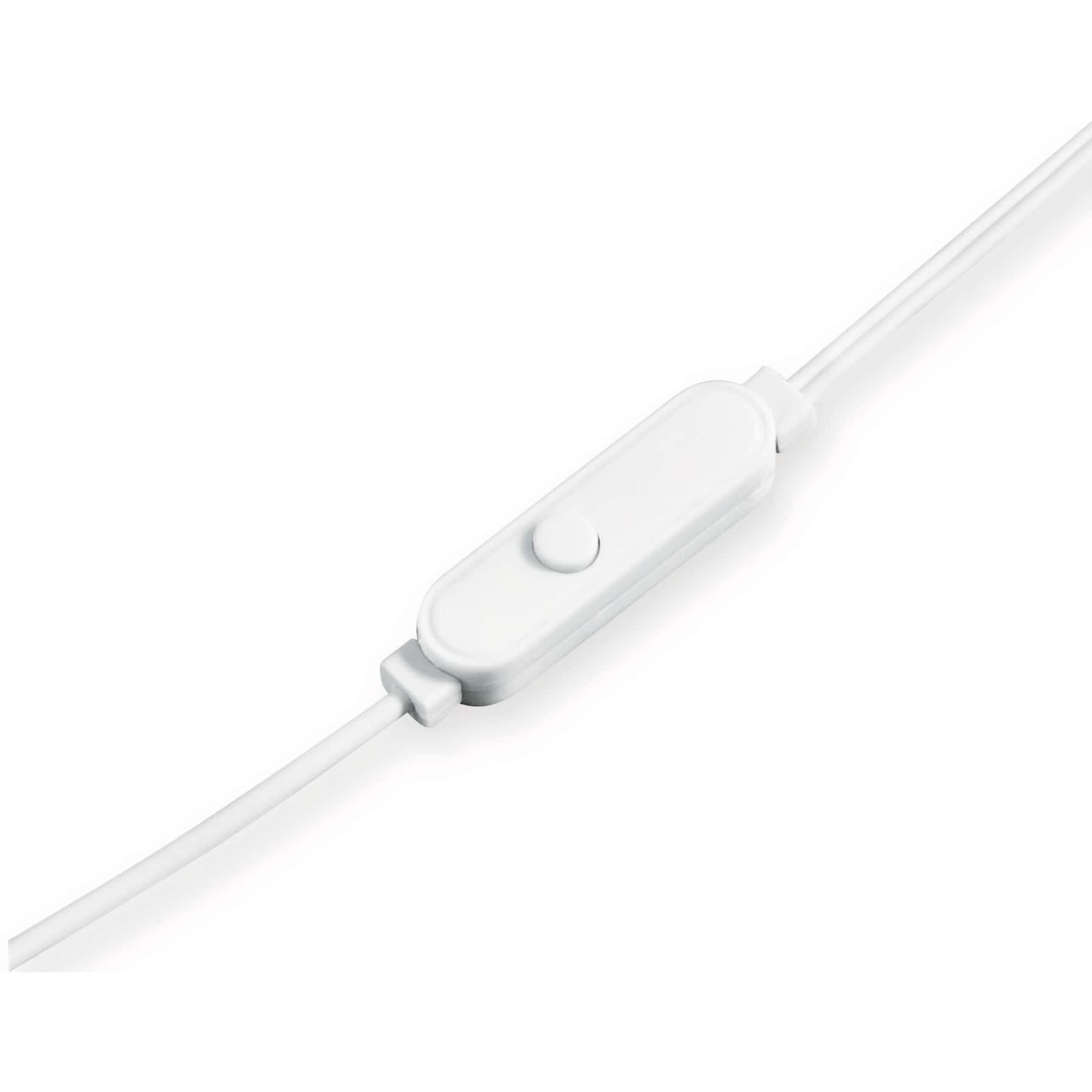 Weiße Inline-Fernbedienung mit Knopf an weißem Kabel.