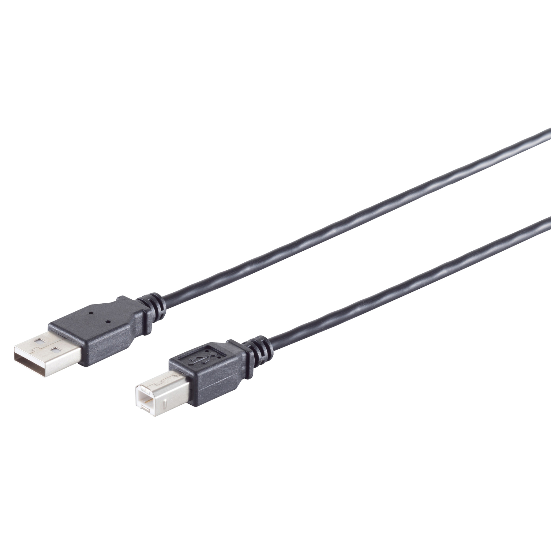 Zwei USB-Kabel mit USB-A- und USB-B-Anschlüssen, liegen auf weißem Untergrund.