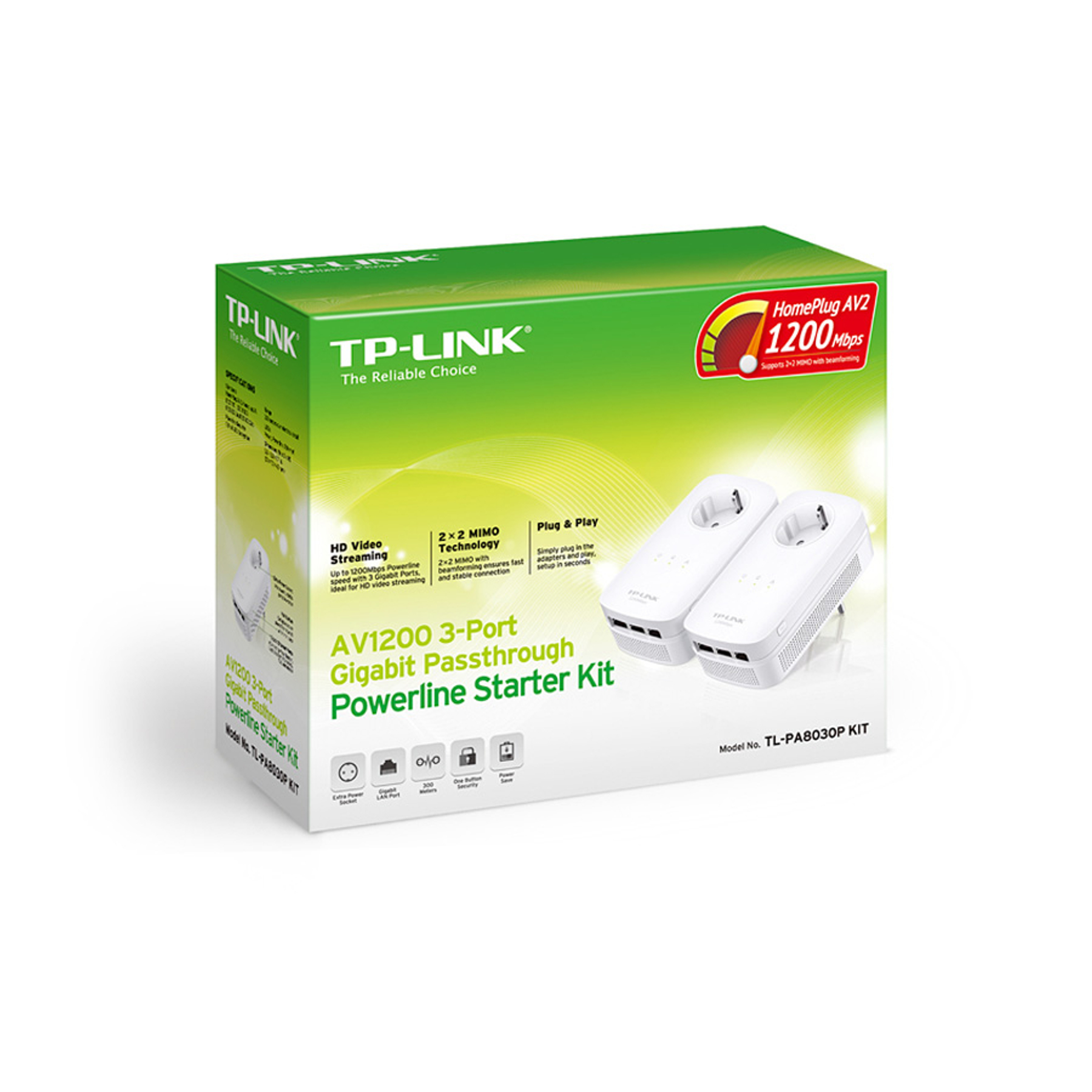 Pudełko z zestawem TP-Link AV1200 Powerline i dwoma białymi adapterami.