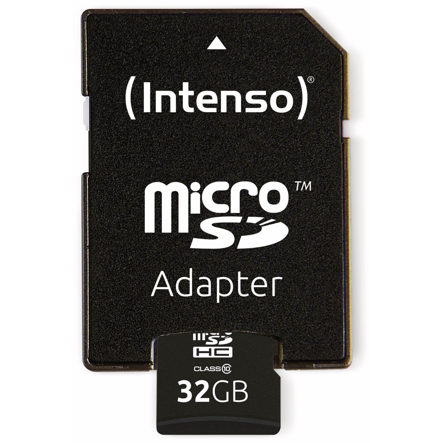 Schwarze Micro-SD-Karte und Adapter mit weißem Text. Adapter hat den Markennamen (Intenso).