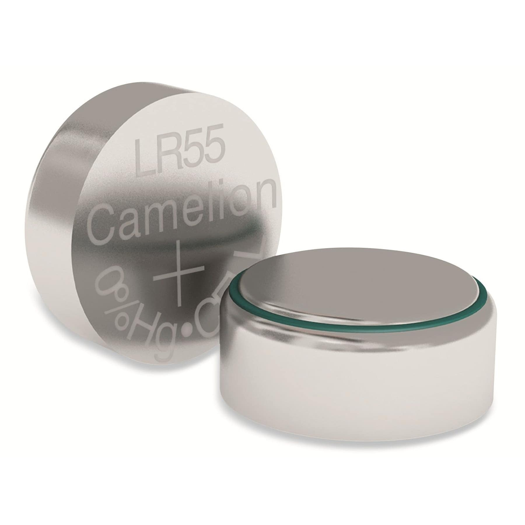 Dwie srebrne baterie pastylkowe LR55. Jedna jest oznaczona jako 'Camelion'.