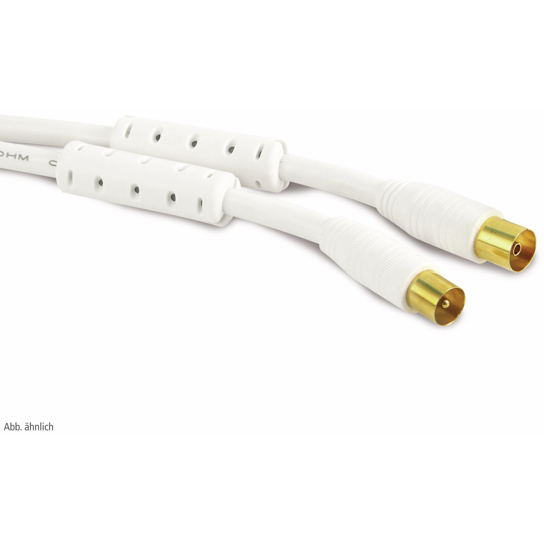 Zwei weiße Koaxialkabel mit Steckern. Die Kabel sind diagonal angeordnet.