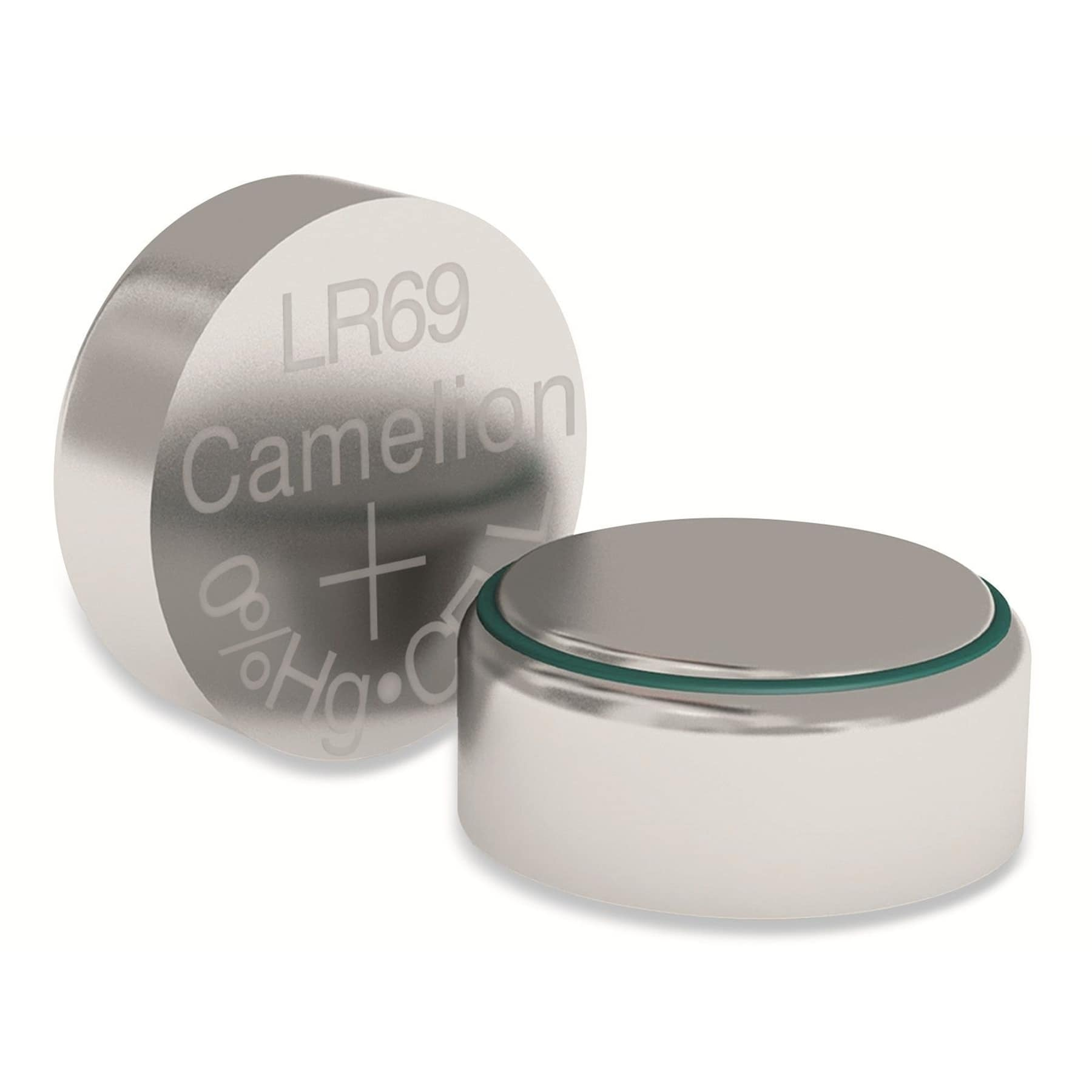 Dwie srebrne baterie guzikowe z oznaczeniami.