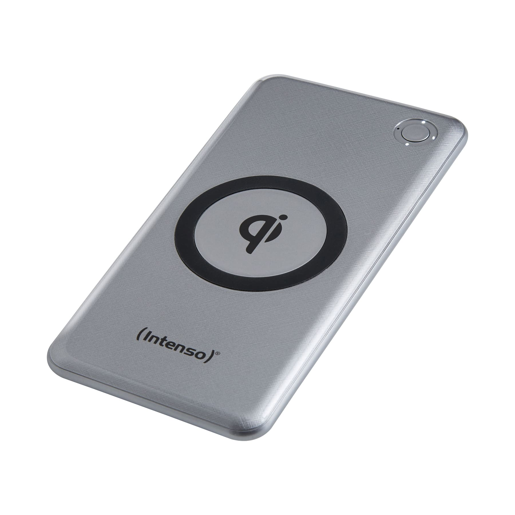 Power bank argento con simbolo di ricarica wireless QI. Marchio Intenso visibile.