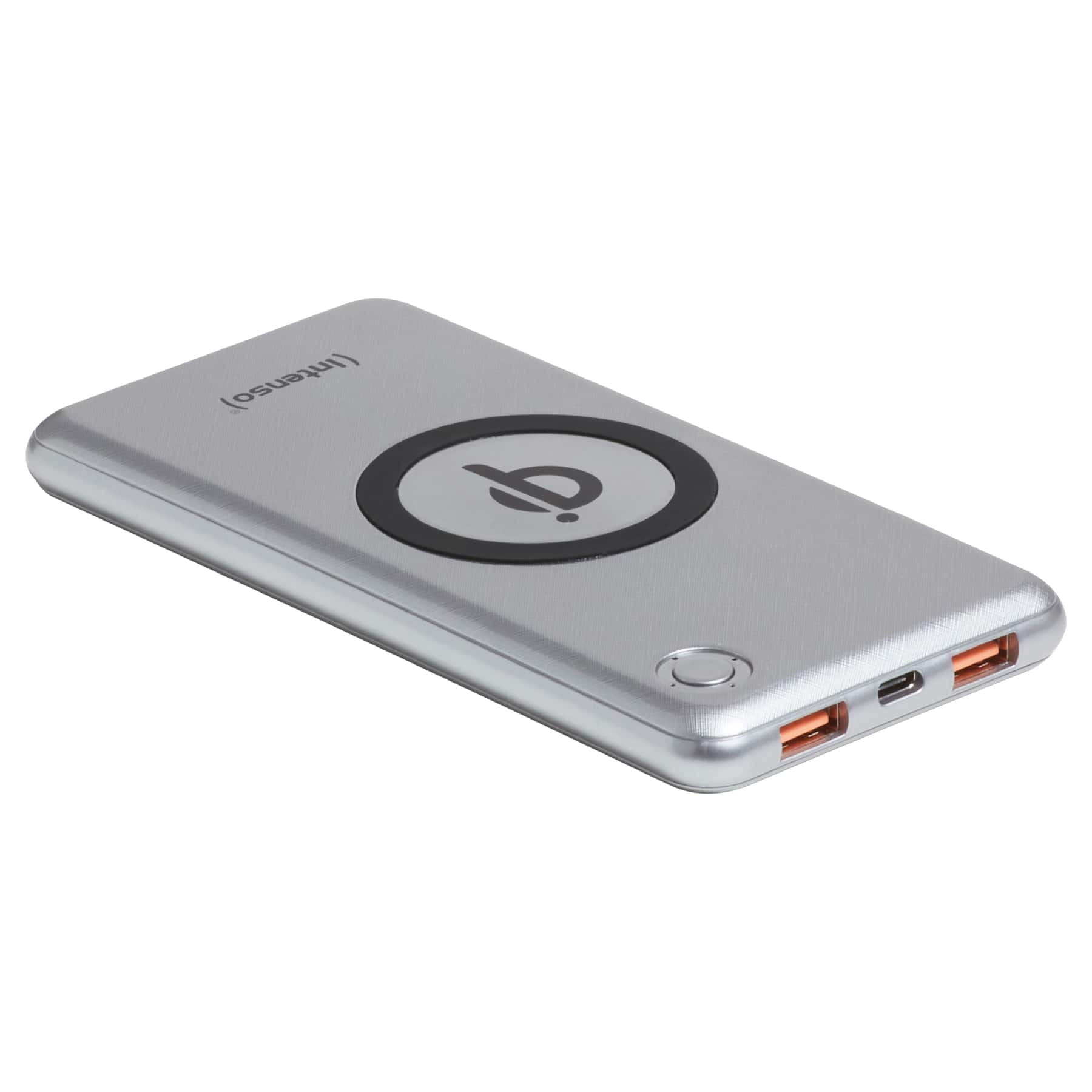 Power bank argento, cerchio di ricarica Qi, porte USB e cavo di ricarica.
