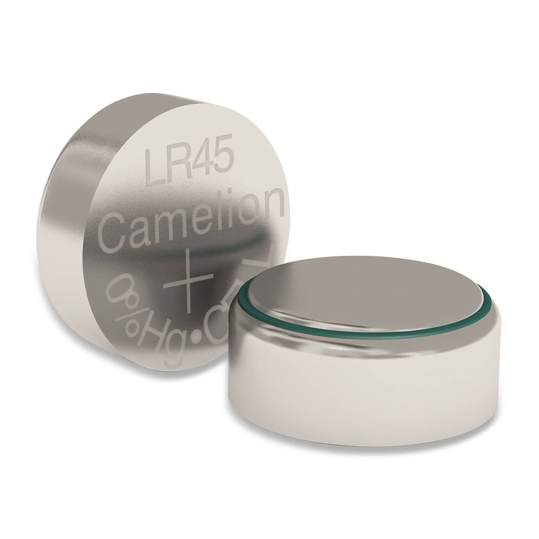 Due batterie a bottone rotonde argentate, etichettate 'LR45' e 'Camelion'.