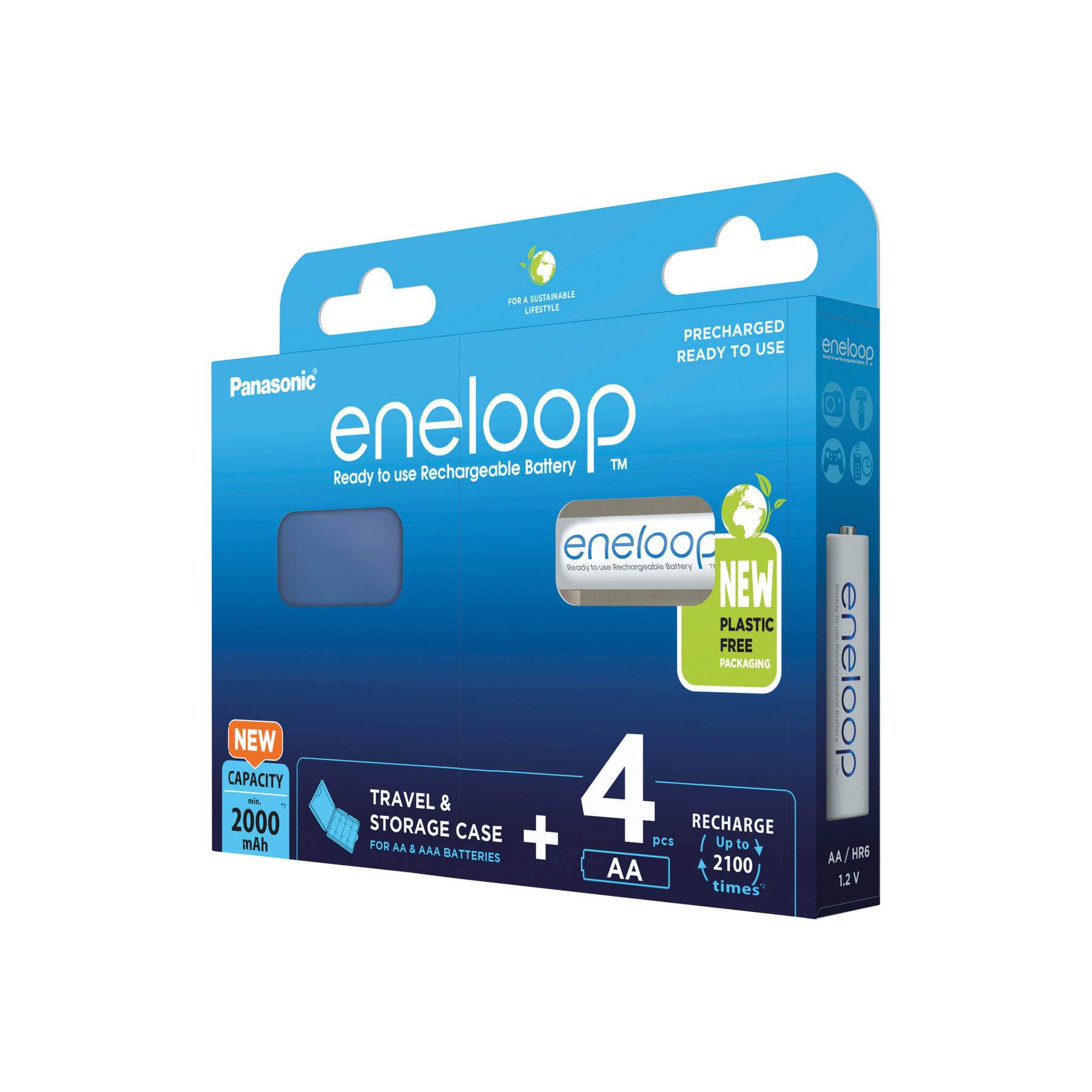 Eine blau-weiße Schachtel mit wiederaufladbaren Batterien, beschriftet mit 'eneloop' und 'Panasonic'.