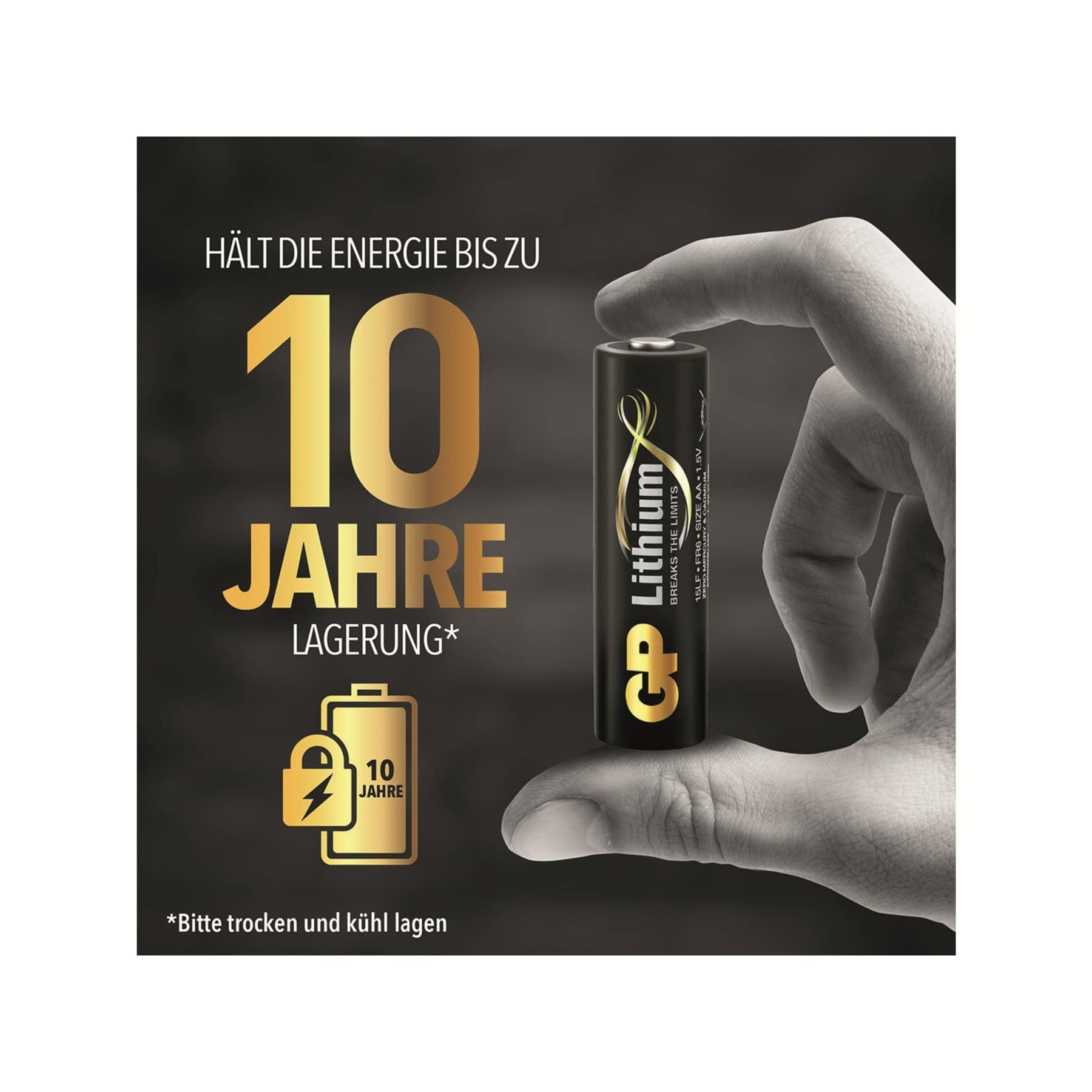 Bateria z tekstem 'Lithium' i złotym tekstem. Tekst mówi 'Utrzymuje energię do 10 lat'.