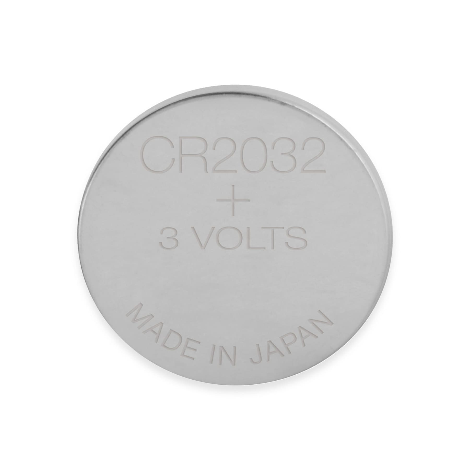 Eine silberne CR2032-Batterie mit der Aufschrift 'CR2032 + 3 VOLTS' und 'MADE IN JAPAN'.