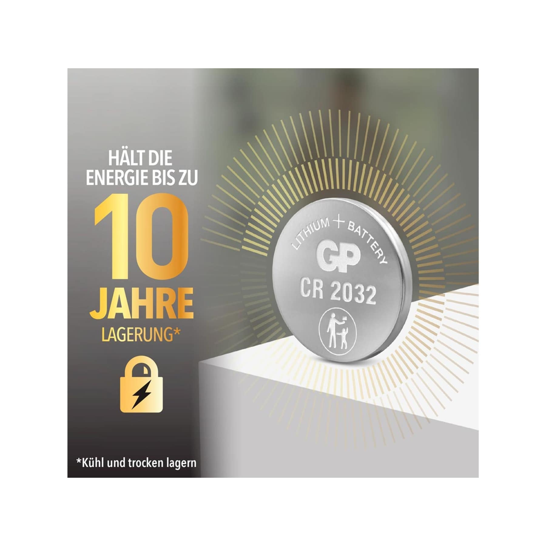 Silberne CR2032-Batterie. Text: Lithium + Batterie, CR 2032. Sie hat einen 10-Jahres-Lageranspruch.