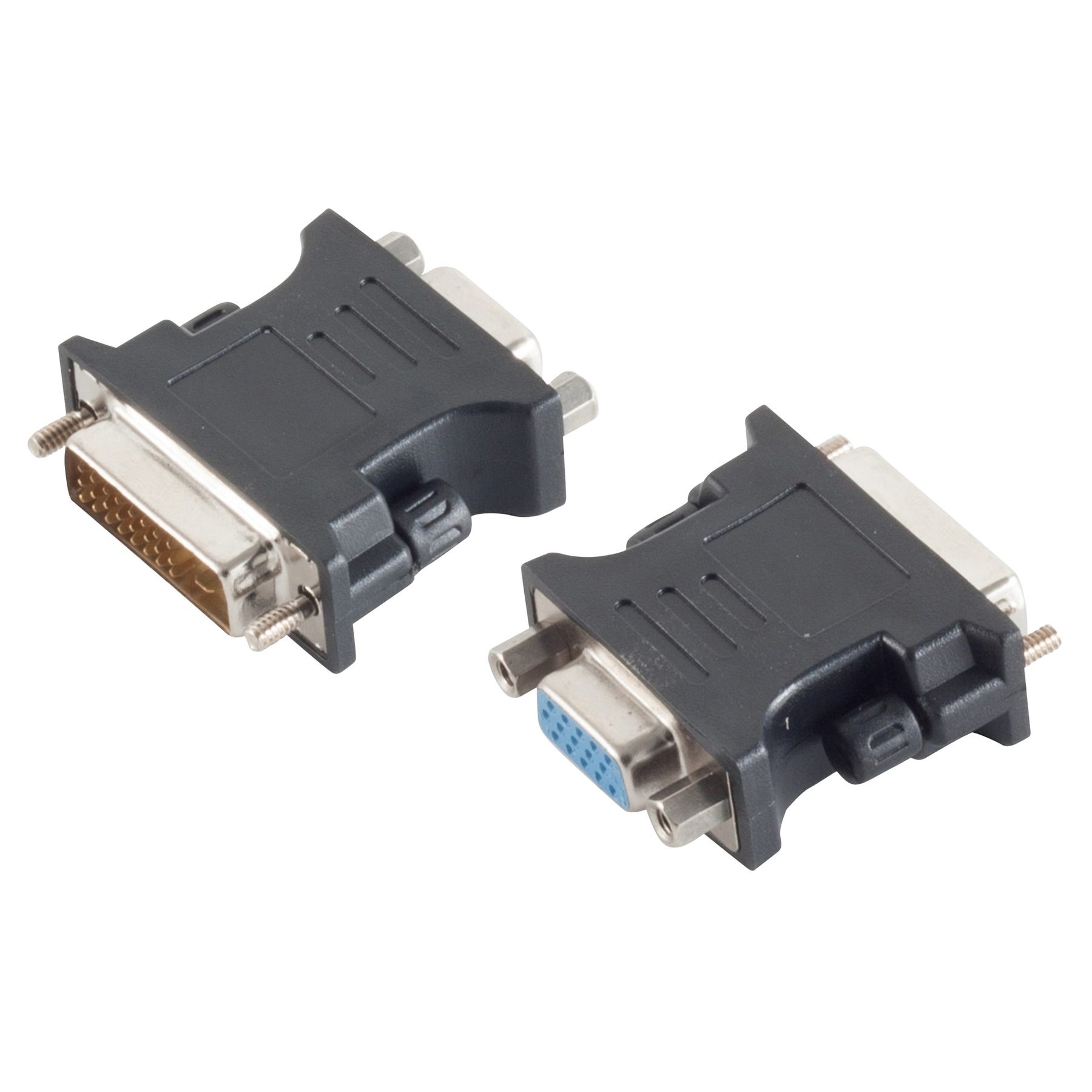 Dwa czarno-srebrne adaptery DVI do VGA. Jeden z niebieskim złączem VGA.
