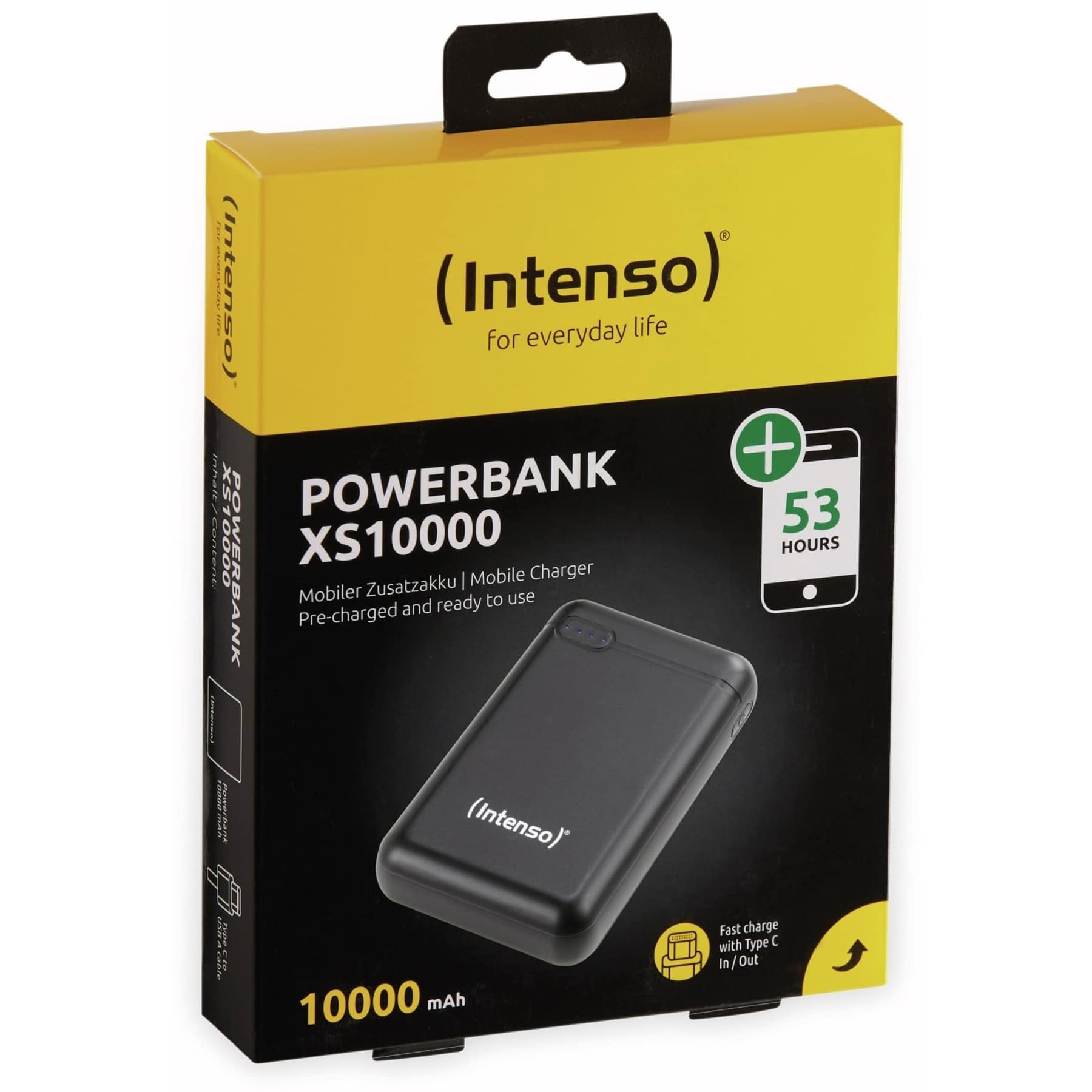 Batería externa negra en caja amarilla y negra. El texto dice powerbank.