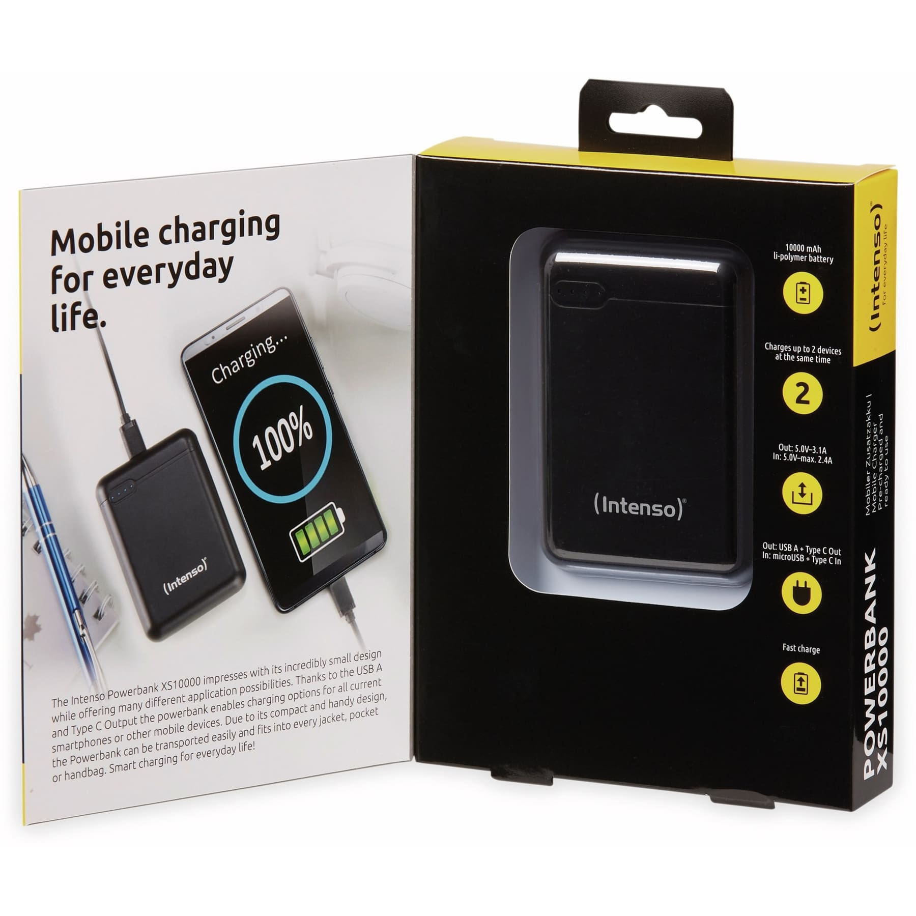 Power bank en caja, con detalles de carga e imagen de teléfono cargando. Diseño blanco y negro.